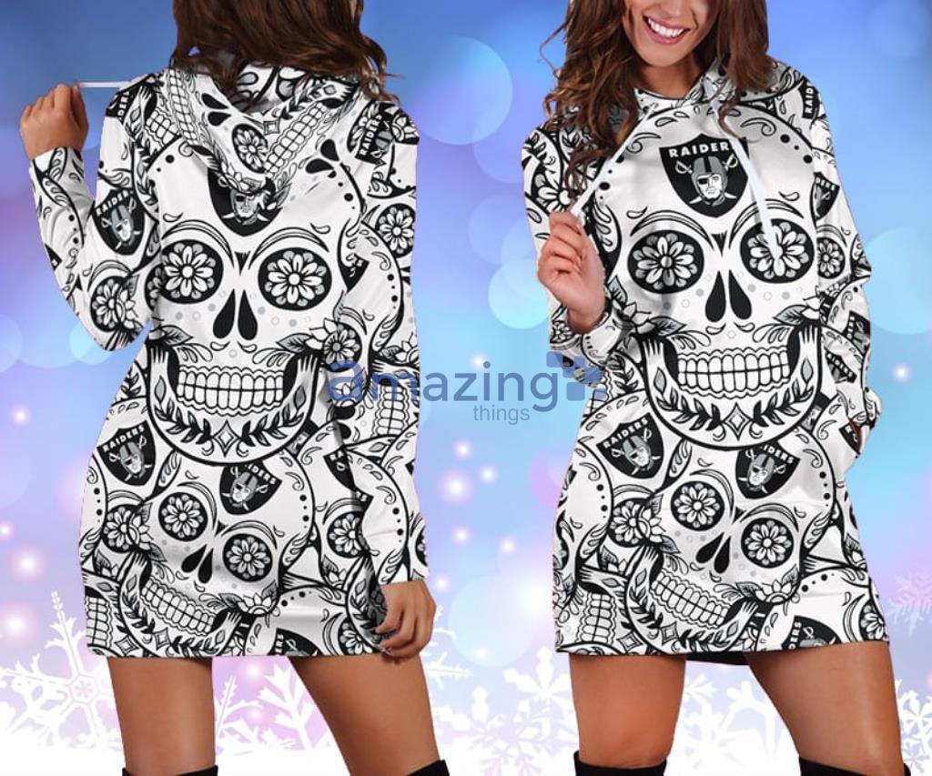 Oakland Raiders NFL Skull Flower Black Hoodie Dress 3D - Oakland Raiders NFL Skull Flower Black Hoodie Dress 3D