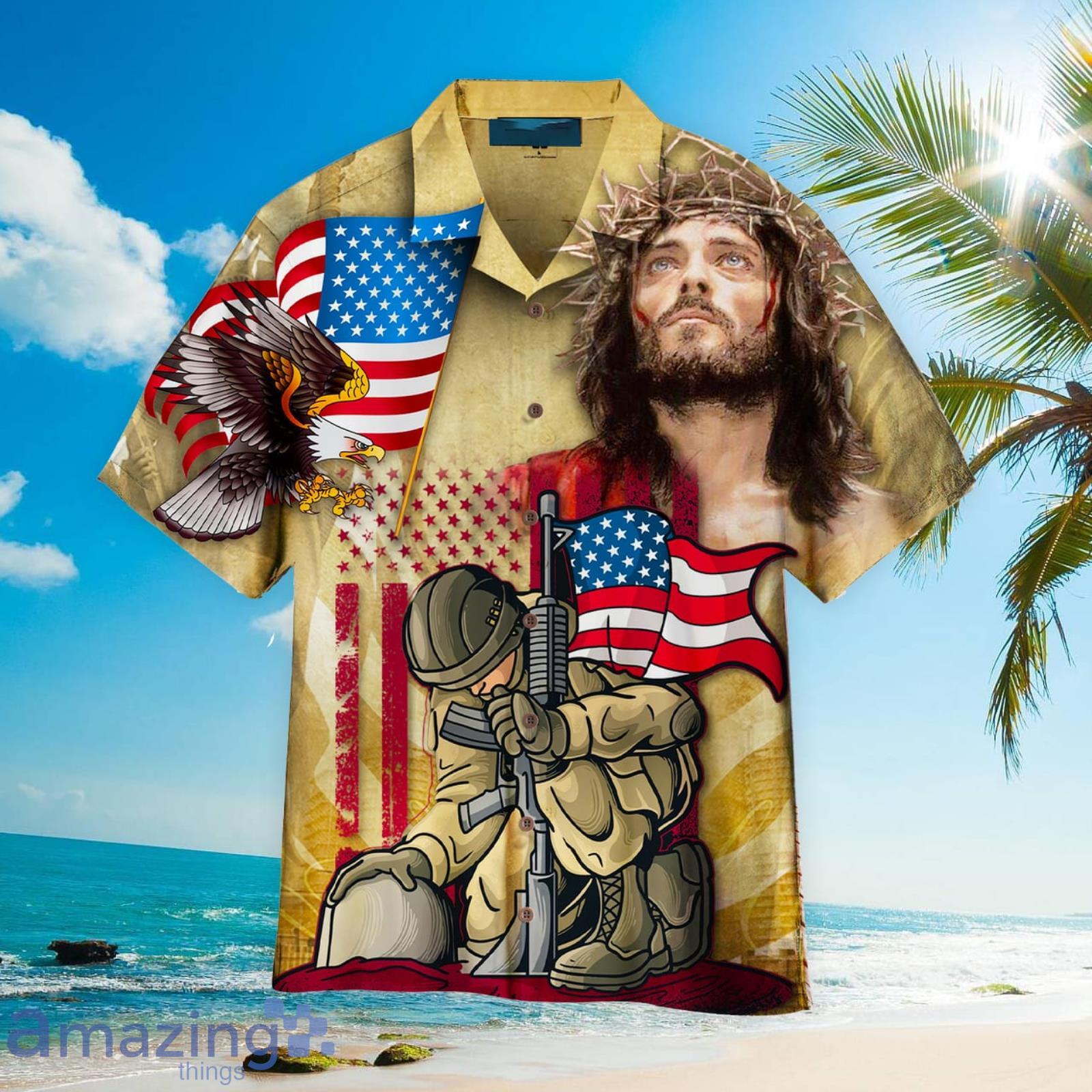 One Nation Under God 4th Of July Outfit Independence Day Memorial Day Patriotic Aloha Hawaiian Shirt Beach Gift Product Photo 1