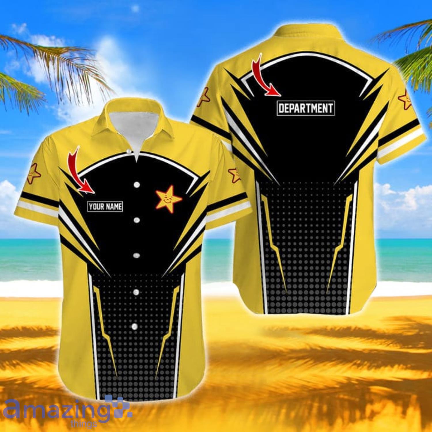 Custom Name Hawaii Short Sleeve Shirt Hardee's Summer Gift Black Yellow  Hawaiian Shirt - Banantees