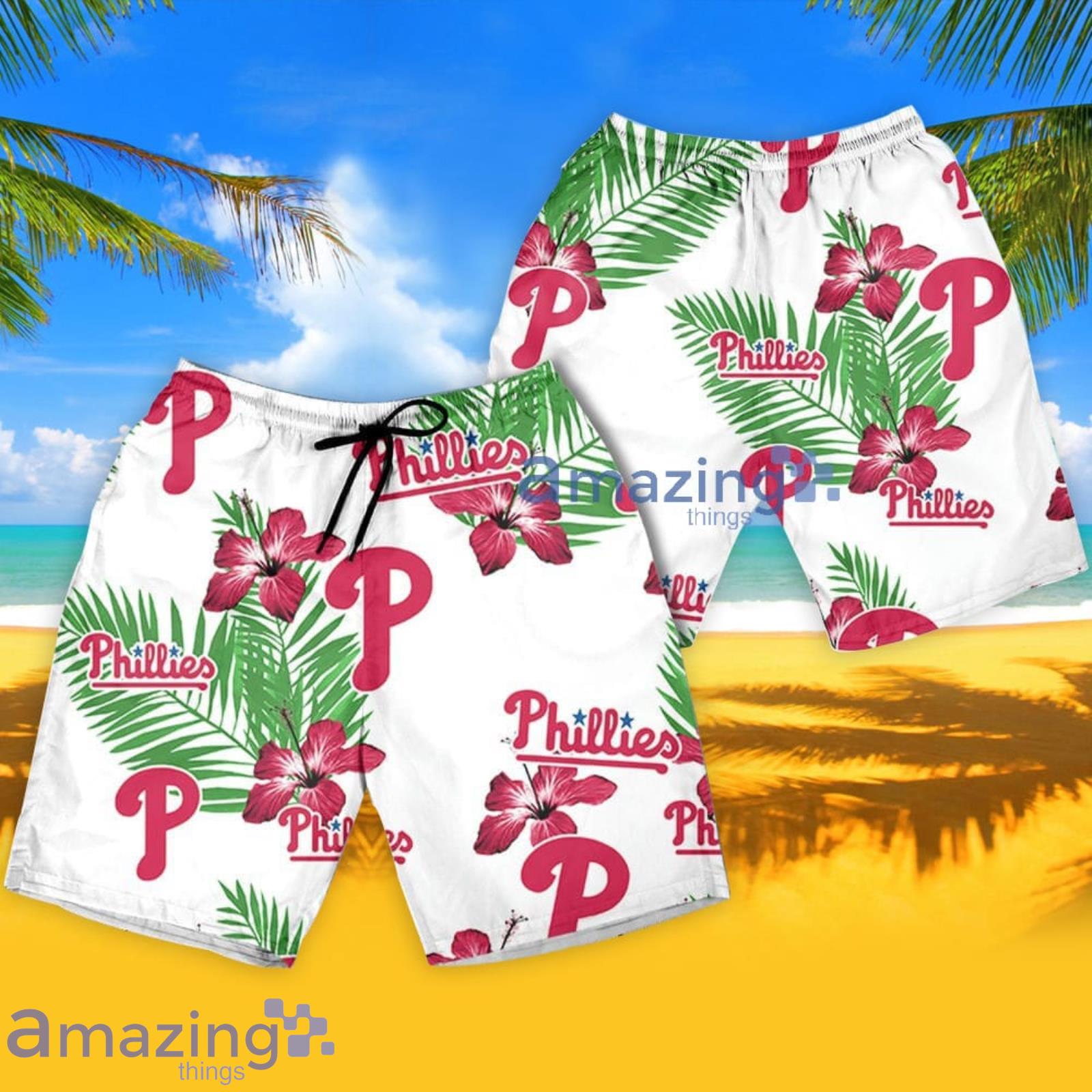 Philadelphia Phillies Hibiscus Flower Pattern Hawaiian Shirt And Shorts Summer Gift For Phillies Fans image Philadelphia Phillies Hibiscus Flower Pattern Hawaiian Shirt And Shorts Summer Gift For Phillies Fans Product Photo 4