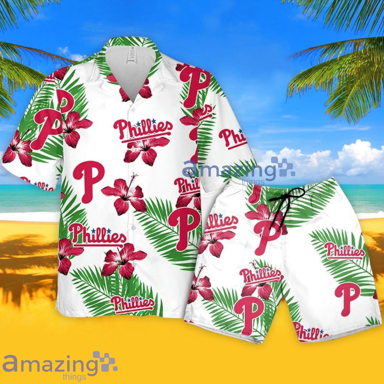 Philadelphia Phillies Hibiscus Flower Pattern Hawaiian Shirt And Shorts Summer Gift For Phillies Fans Product Photo 1 Philadelphia Phillies Hibiscus Flower Pattern Hawaiian Shirt And Shorts Summer Gift For Phillies Fans Product Photo 1