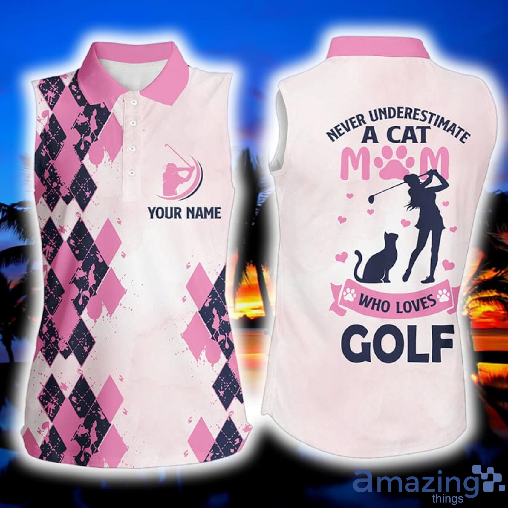Pink Custom Name Never Underestimate A Cat Mom Who Loves Golf Gift For Mom Women's Polo Shirt Product Photo 1
