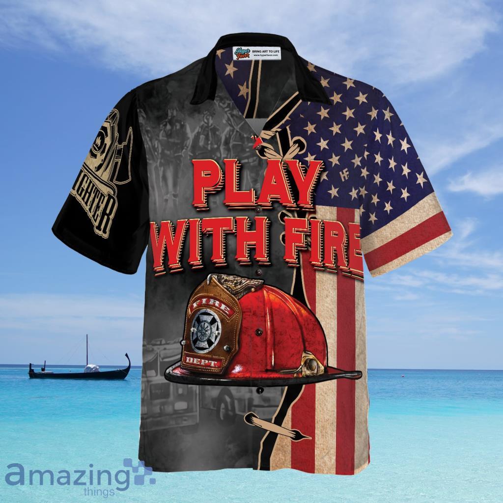 Play With Fire Firefighter Helmet American Flag Hawaiian Shirt, Black And White Fire Truck Firefighter Hawaiian Shirt - Play With Fire Firefighter Helmet American Flag Hawaiian Shirt, Black And White Fire Truck Firefighter Hawaiian Shirt