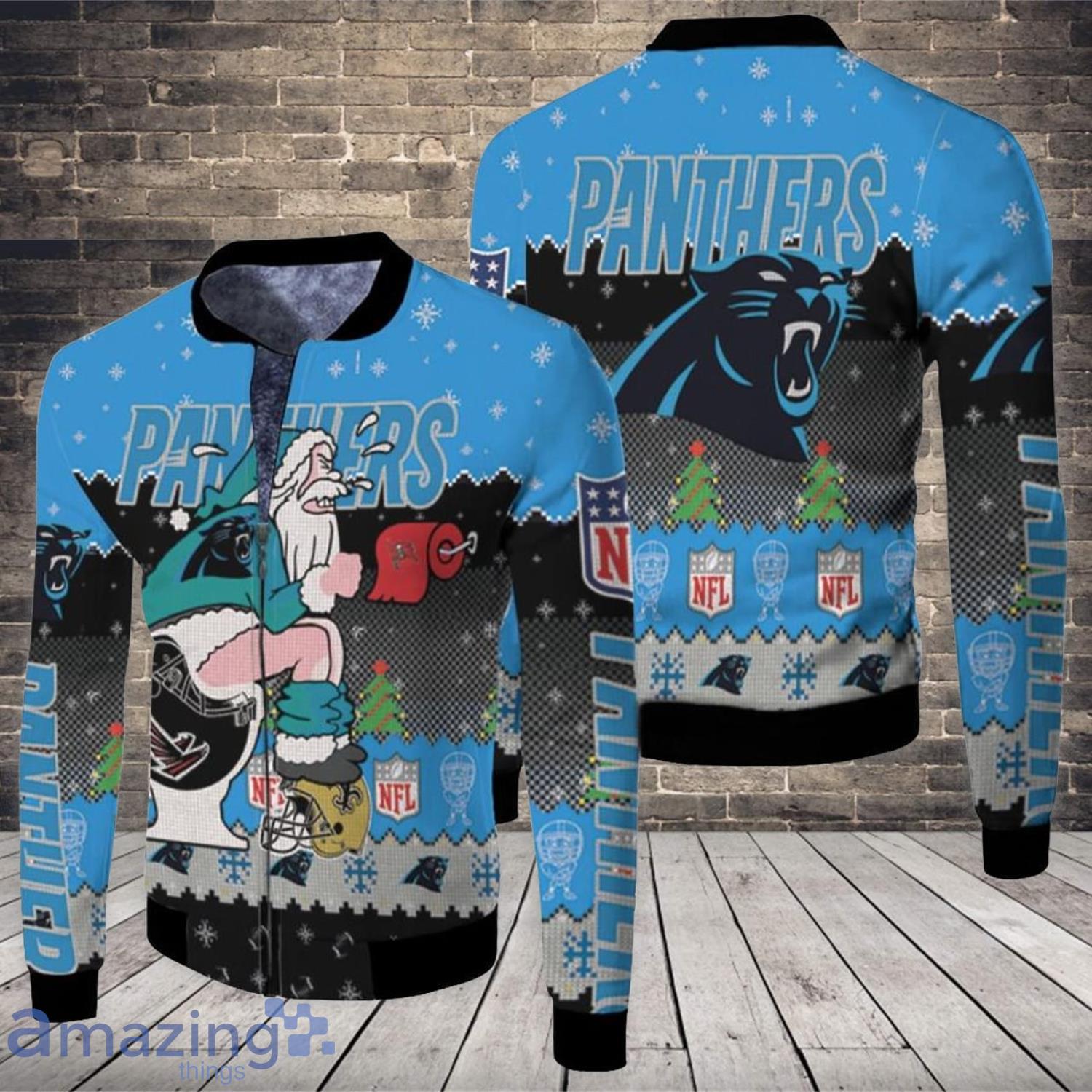 Santa Claus Carolina Panthers Sitting On Buccaneers Falcons Saints Toilet Christmas Gift For Panthers Fans Fleece Bomber Jacket Product Photo 1