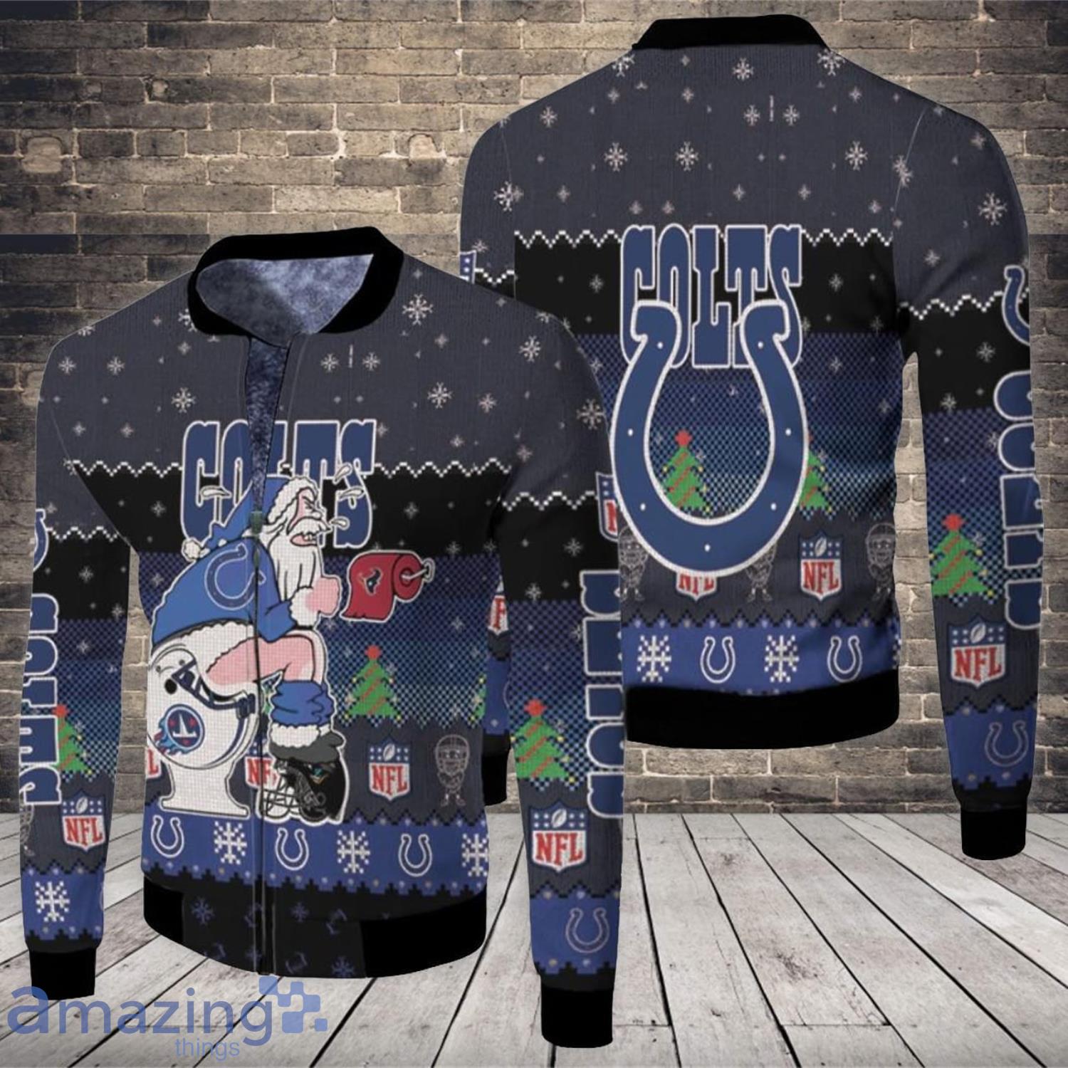 Santa Claus Colts Sitting On Texans Titans Jaguars Toilet Christmas Gift  For Colts Fans Fleece Bomber Jacket