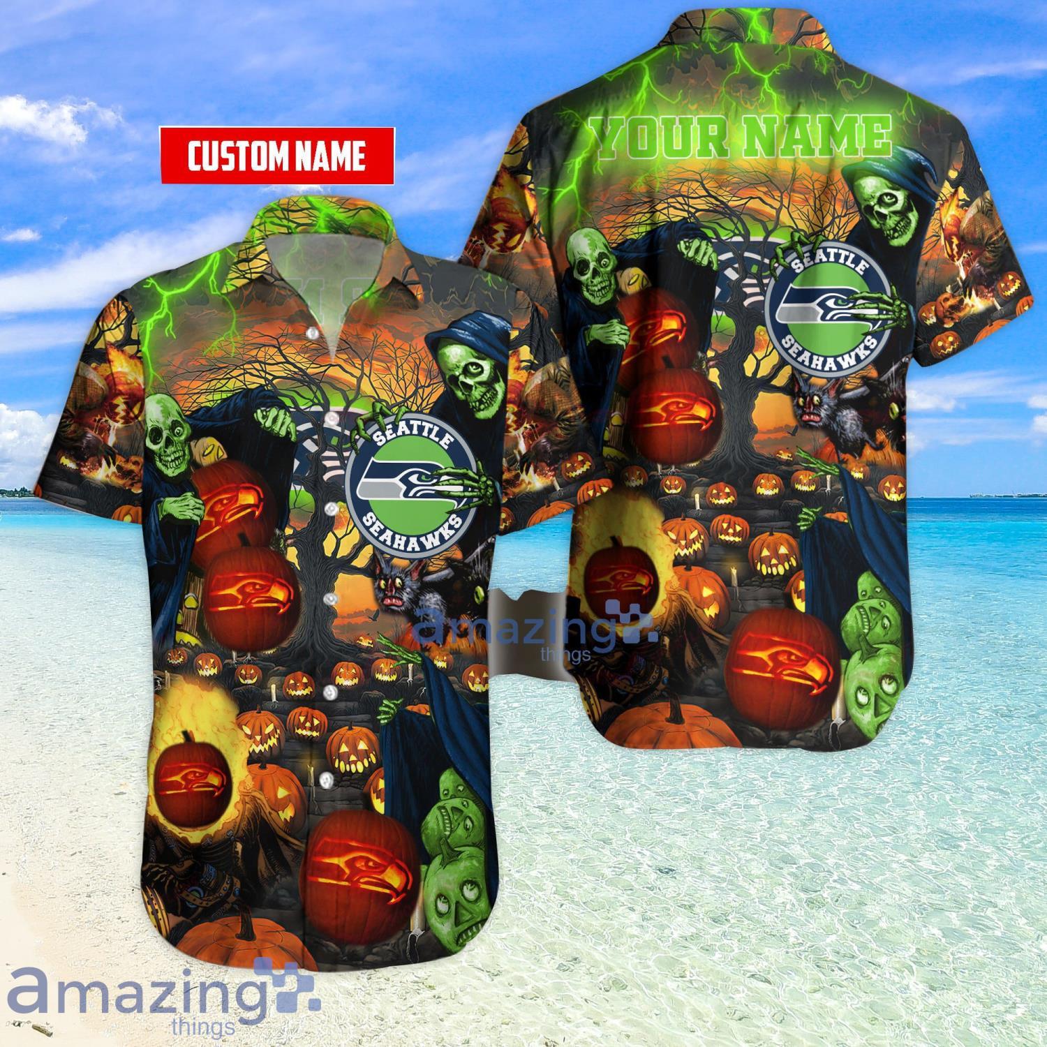 Seattle Seahawks NFL Custom Name Pumpkin Halloween Night Hawaiian Shirt Gift For Fans Product Photo 1