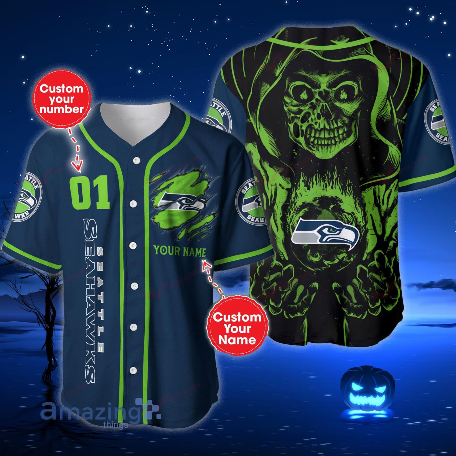 Seattle Seahawks Custom NFL Jersey Skull Personalized Baseball