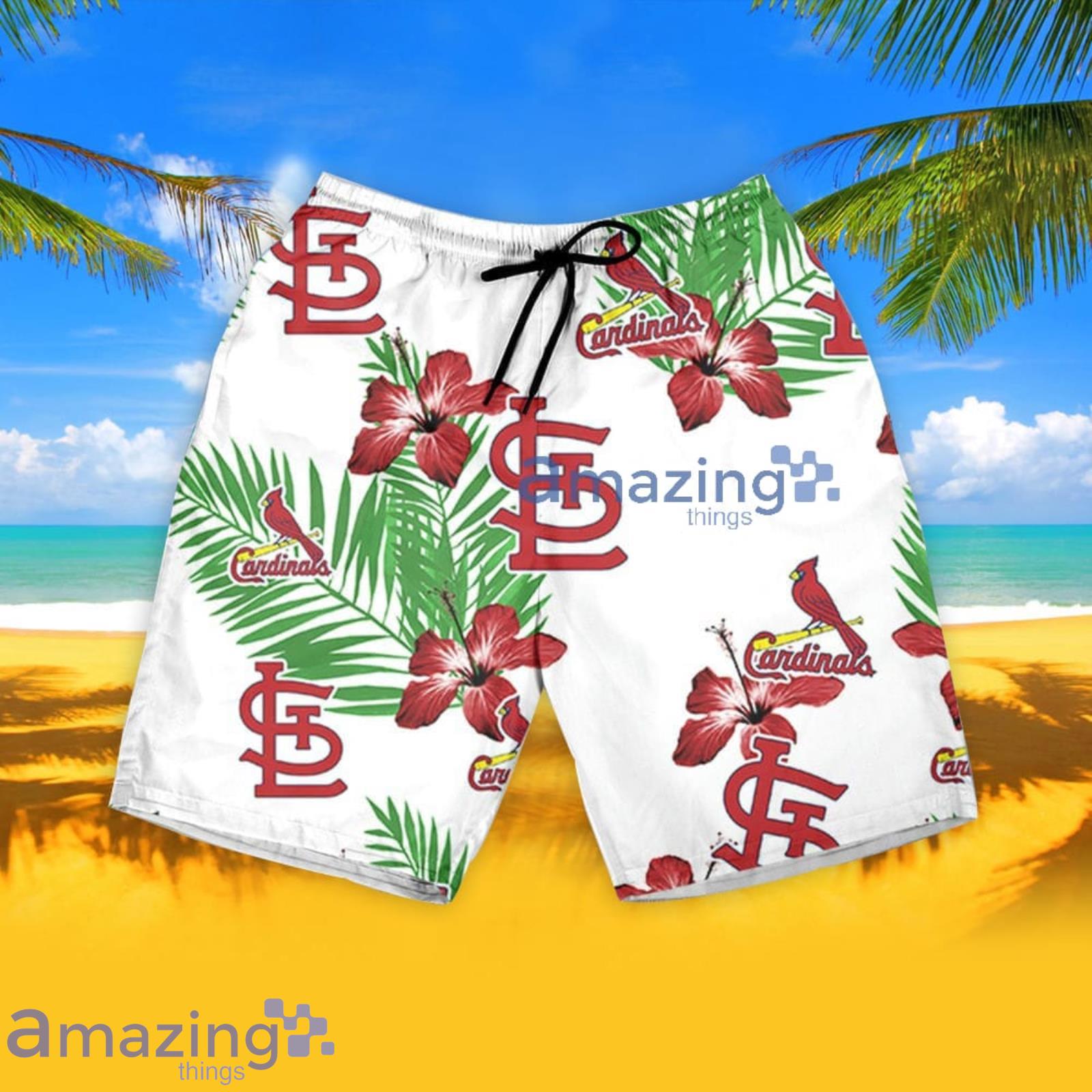 St Louis Cardinals Scenic Hawaiian Shirt Beach Shorts