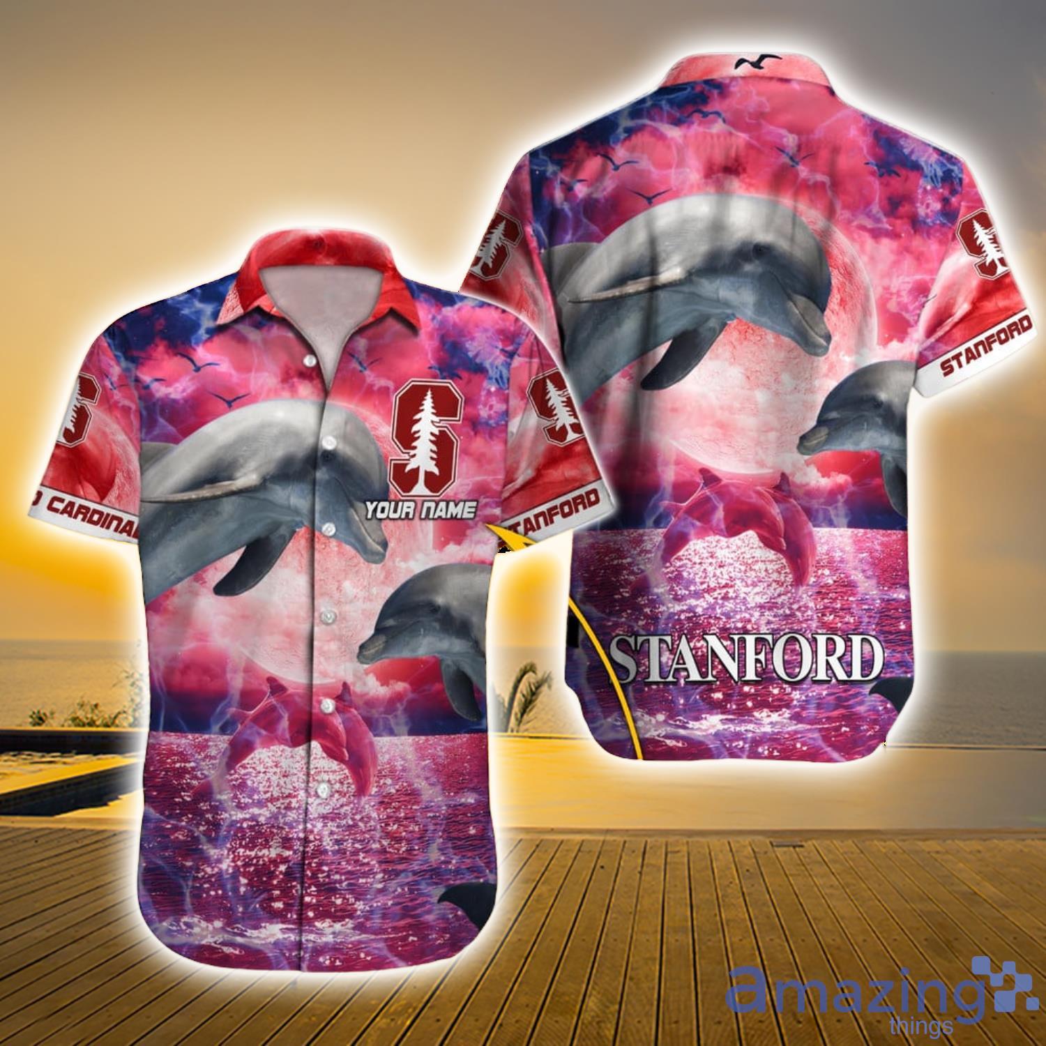 Stanford Cardinal Ncaa Cute Dolphin And Ocean Custom Name Hawiian Shirt For Men And Women Product Photo 1