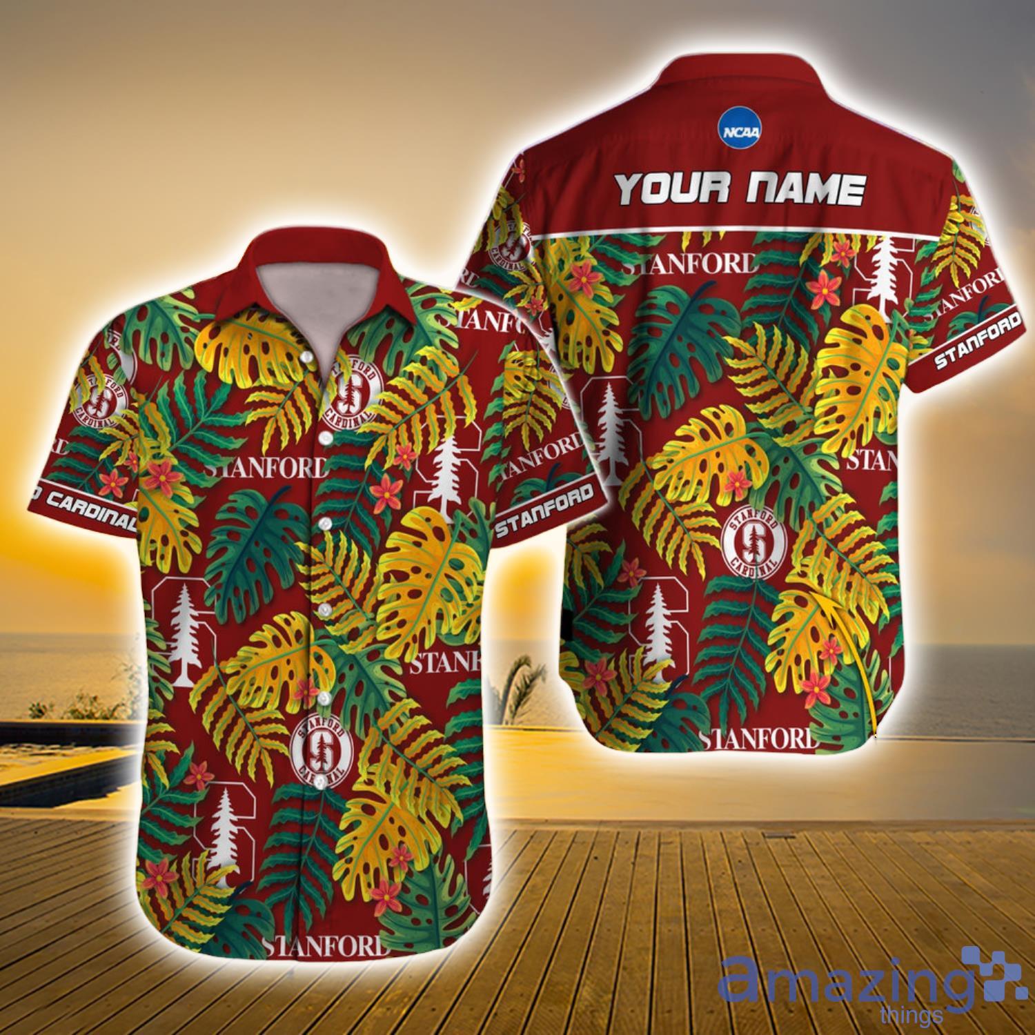 Stanford Cardinal Ncaa Yellow And Green Leaf Tropical Custom Name Hawaiian Shirt Product Photo 1
