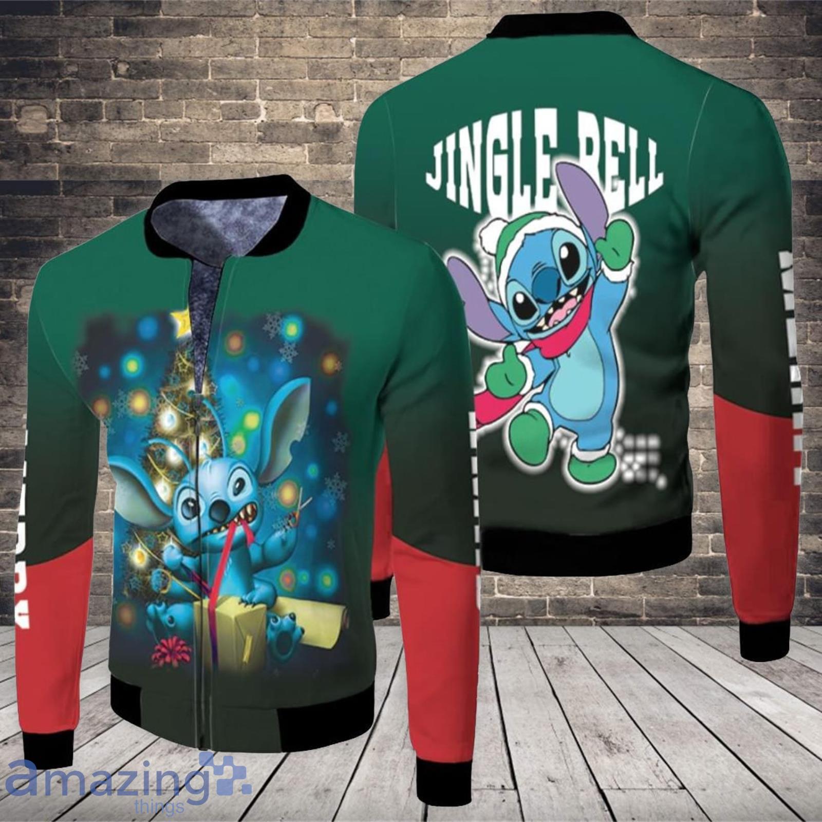 Stitch Christmas Jingle Bell Opening Gift Christmas Dark Green Gift For Stitch Fans Christmas Fans 3D All Over Printed Fleece Bomber Jacket Product Photo 1