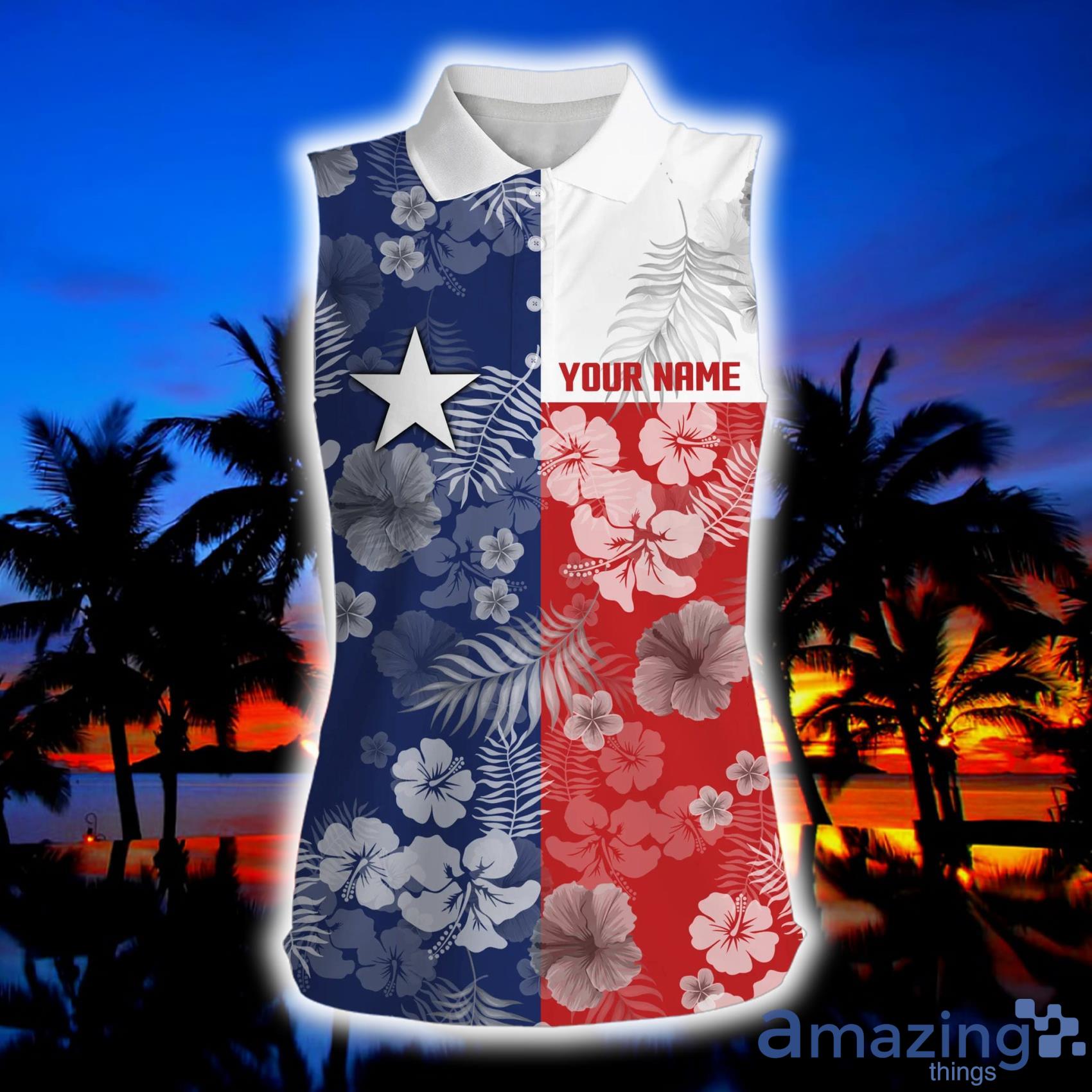 Texas Flag Patriotic Tropical Floral Custom Name Golf Shirts For Women Product Photo 1