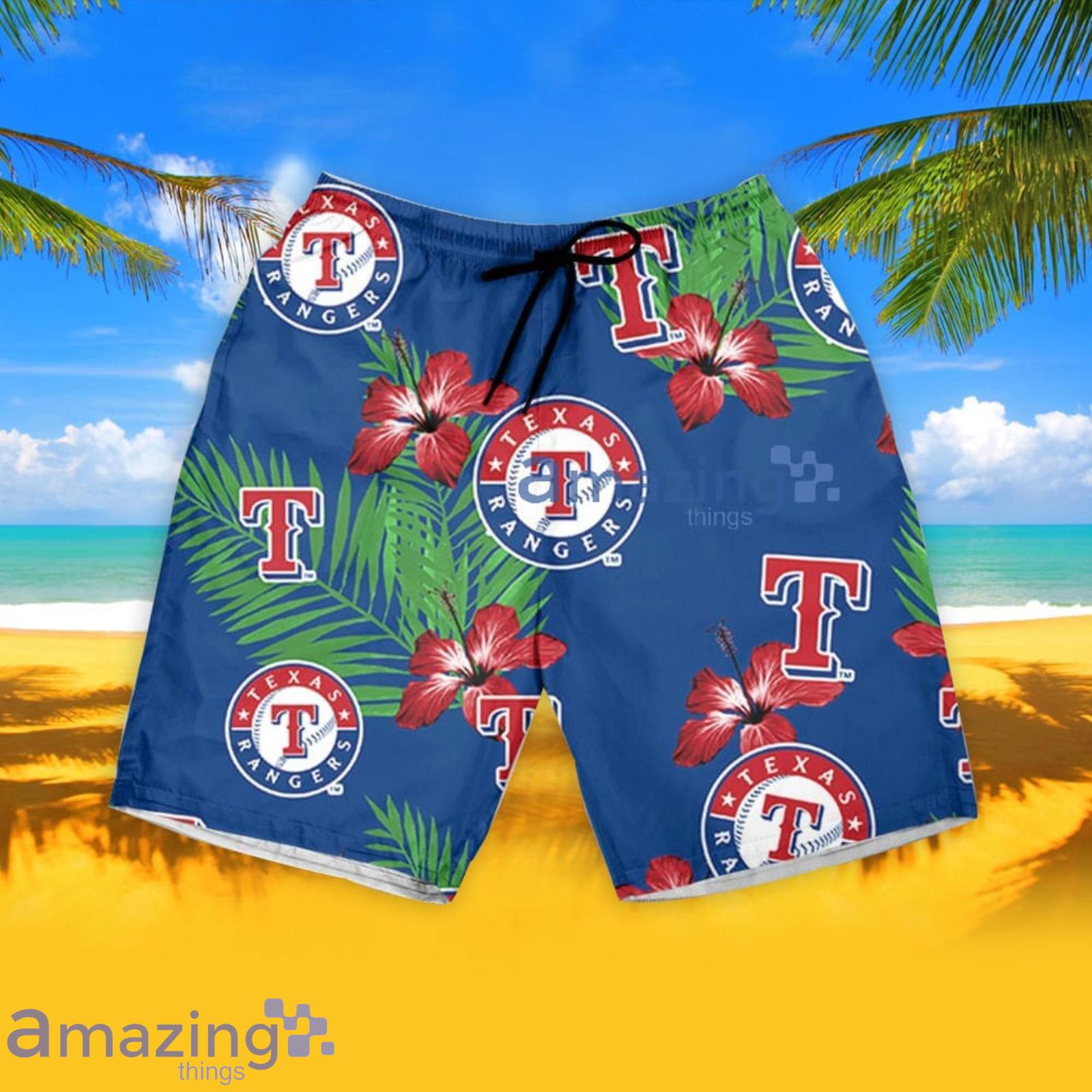 Texas Rangers Red Hibiscus Purple Leaf Pattern Summer Gift Hawaiian Shirt  For Fans - Freedomdesign