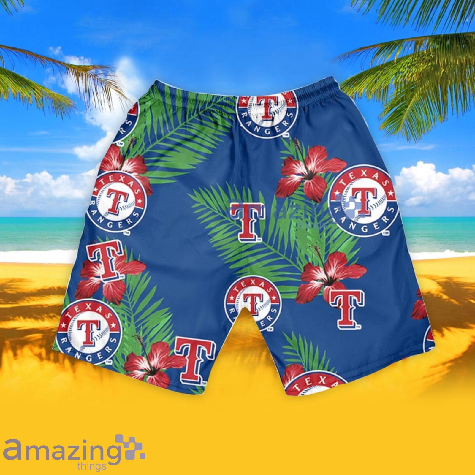 Texas Rangers Red Hibiscus Purple Leaf Pattern Summer Gift Hawaiian Shirt  For Fans - Freedomdesign