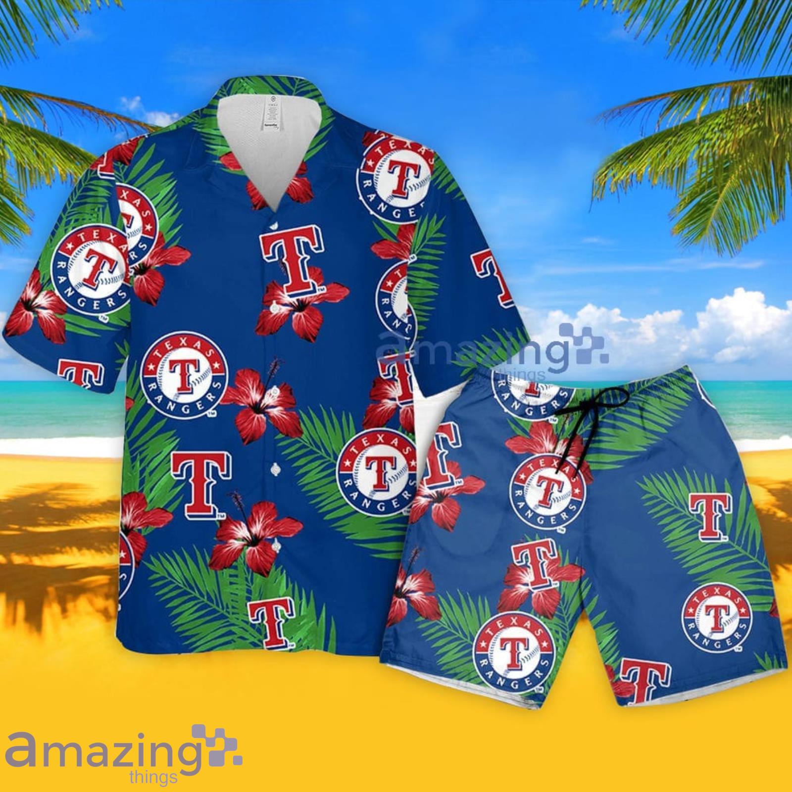 Texas Rangers Red Hibiscus Purple Leaf Pattern Summer Gift Hawaiian Shirt  For Fans - Freedomdesign