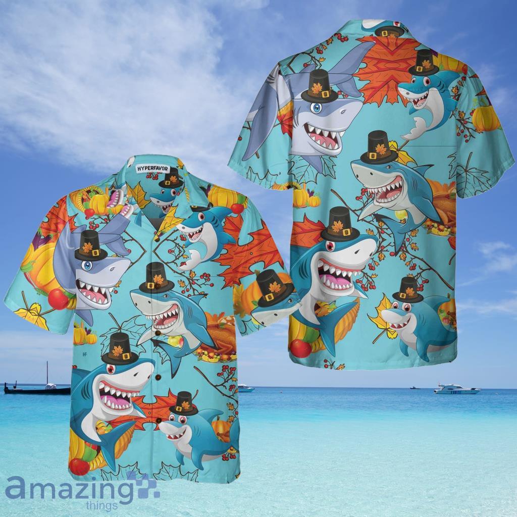 Thanksgiving Sharks Wearing Pilgrim Hat Hawaiian Shirt, Funny Thanksgiving Shirt, Gift For Thanksgiving Day - Thanksgiving Sharks Wearing Pilgrim Hat Hawaiian Shirt, Funny Thanksgiving Shirt, Gift For Thanksgiving Day