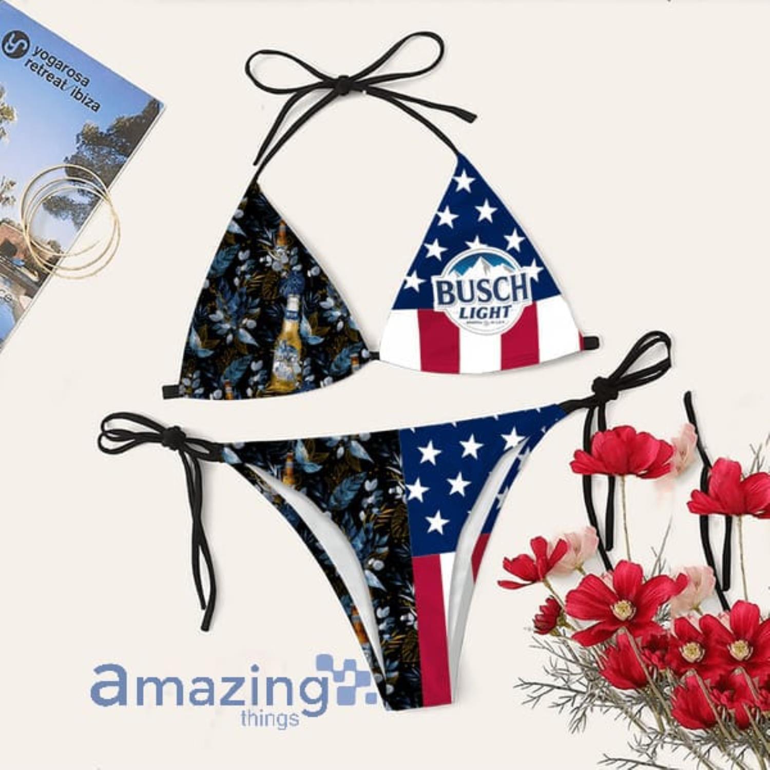 Tropical American Flag Busch Light String Bikini Swimsuit Summer Gift