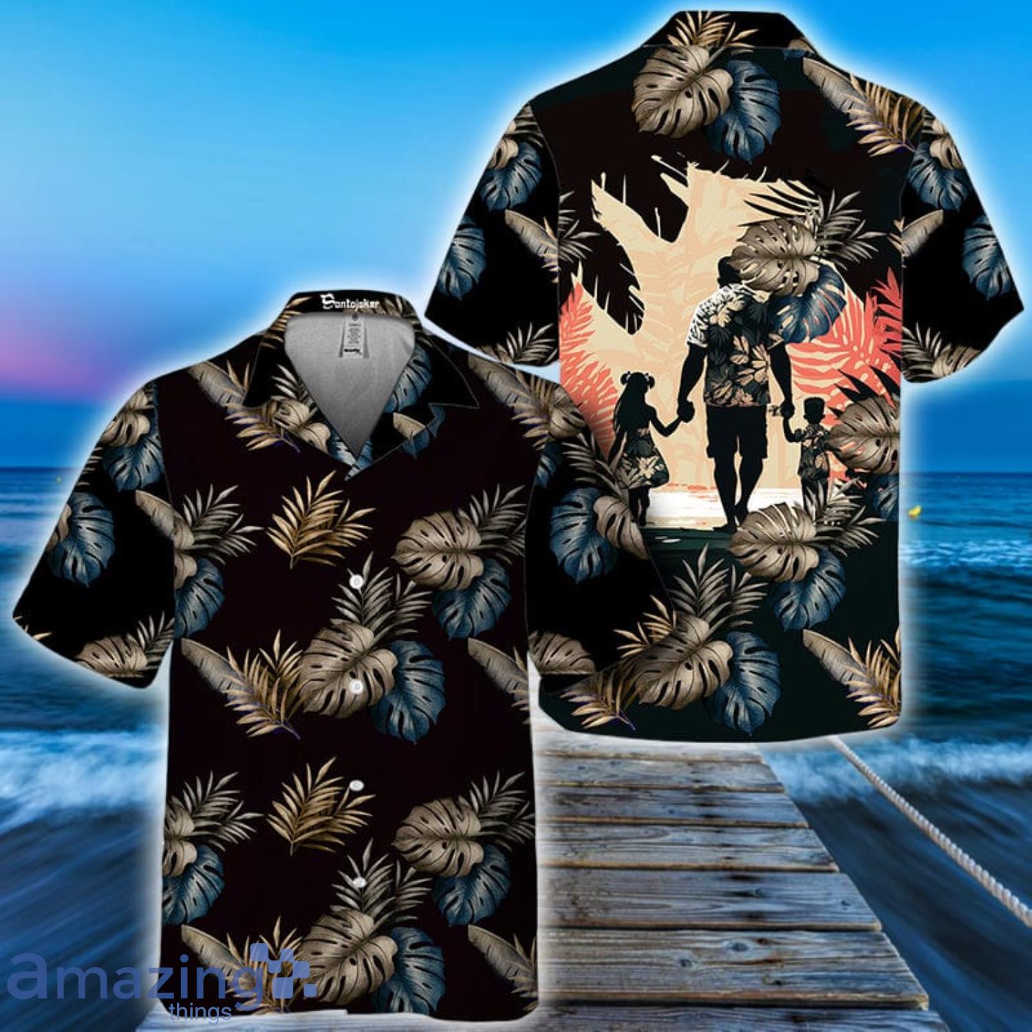 Tropical Flower Pattern Plants Black Dad Holding Hands Son And Daughter Hawaiian Shirt Product Photo 1