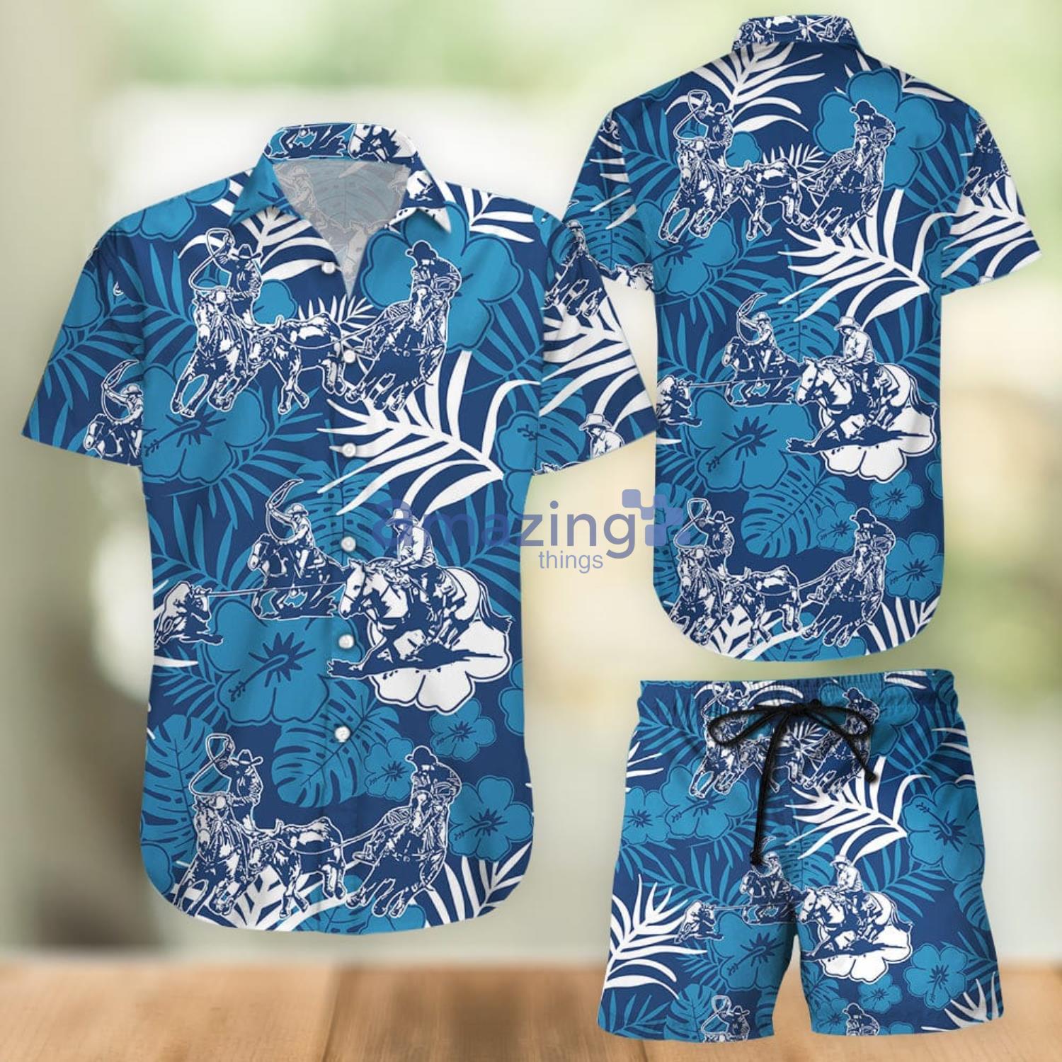 Tropical Team Roping Blue Tropical Hawaiian Shirt And Shorts Gift For Summer Vacation Product Photo 1