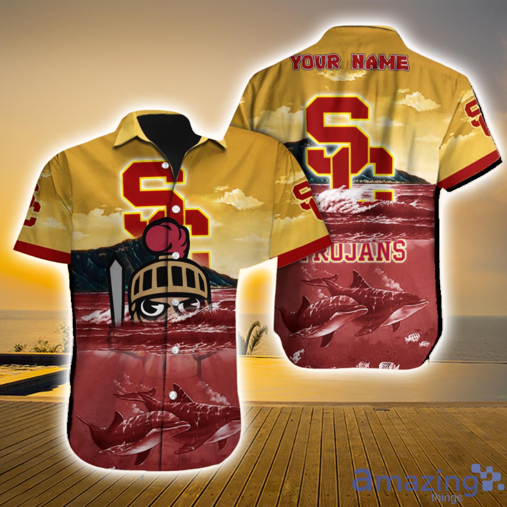 USC Trojans NCAA Custom Name Shark Ocean And Sky Short Sleeve Hawaiian Shirt Product Photo 1