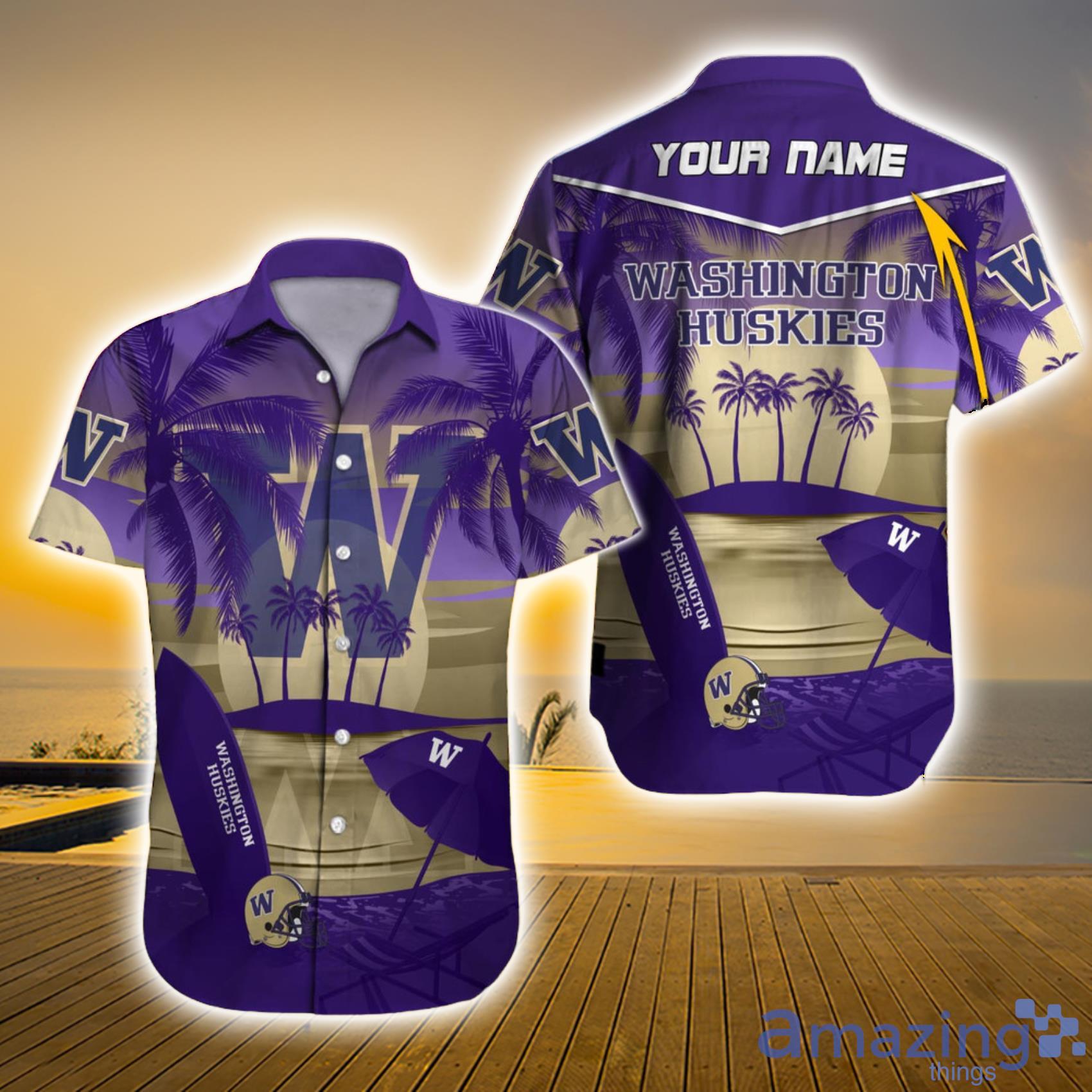 Washington Huskies NCAA Custom Name Aloha Summer Beach Sunset Hawaiian Shirt Gift For Fans Product Photo 1