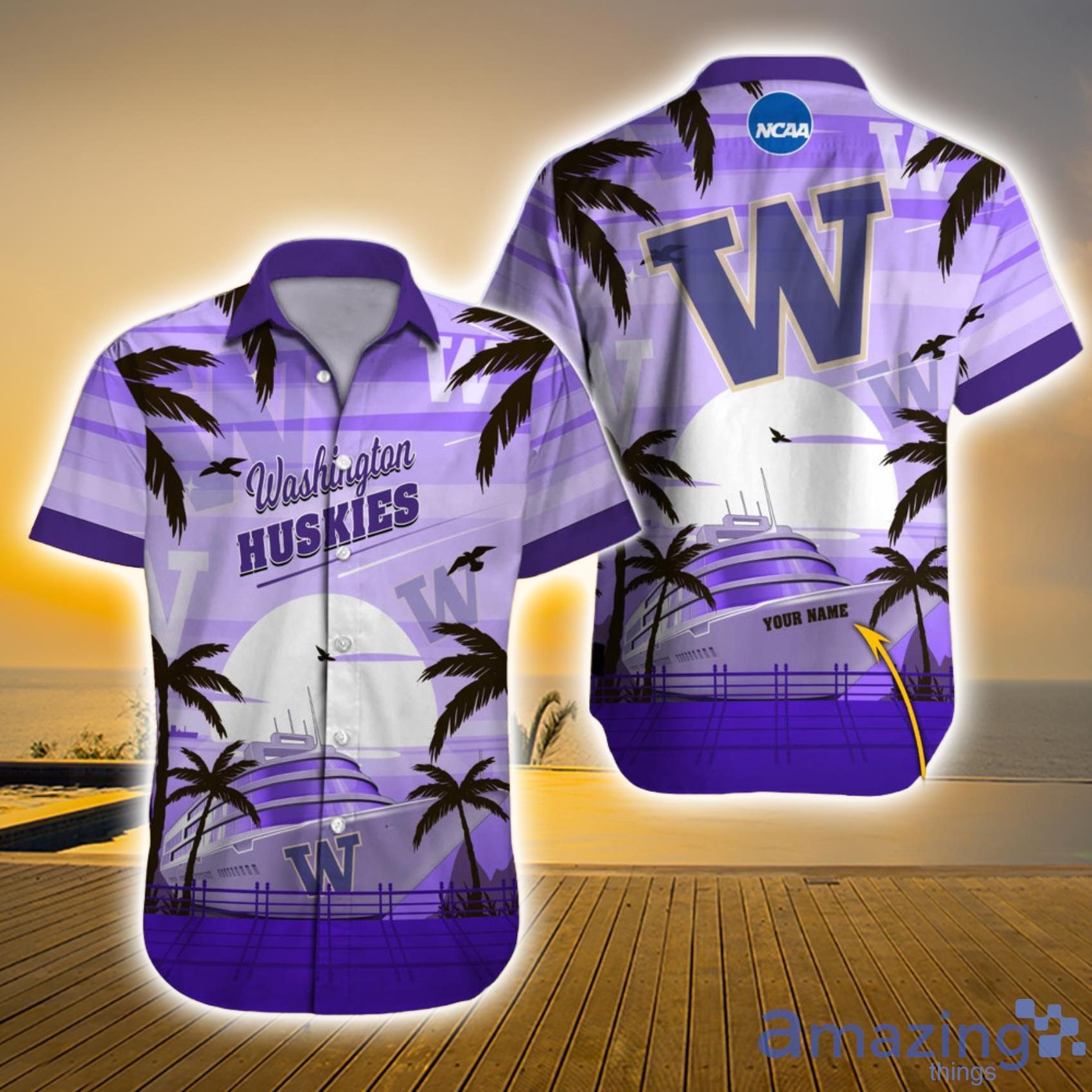 Washington Huskies NCAA Custom Name Big Ship And Ocean Aloha Short Sleeve Hawaiian Shirt Product Photo 1