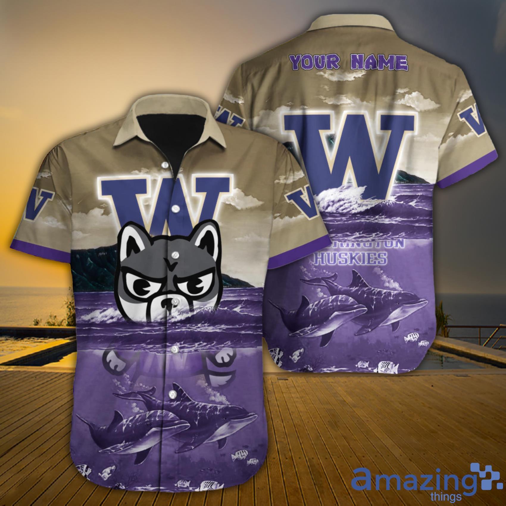 Washington Huskies NCAA Custom Name Shark Ocean And Sky Short Sleeve Hawaiian Shirt Product Photo 1