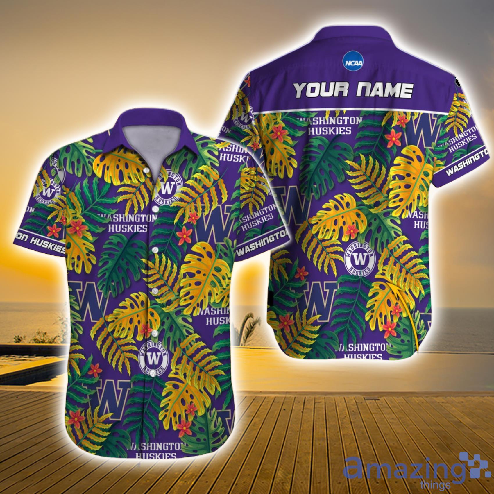 Washington Huskies NCAA Yellow And Green Leaf Tropical Custom Name Hawaiian Shirt Product Photo 1