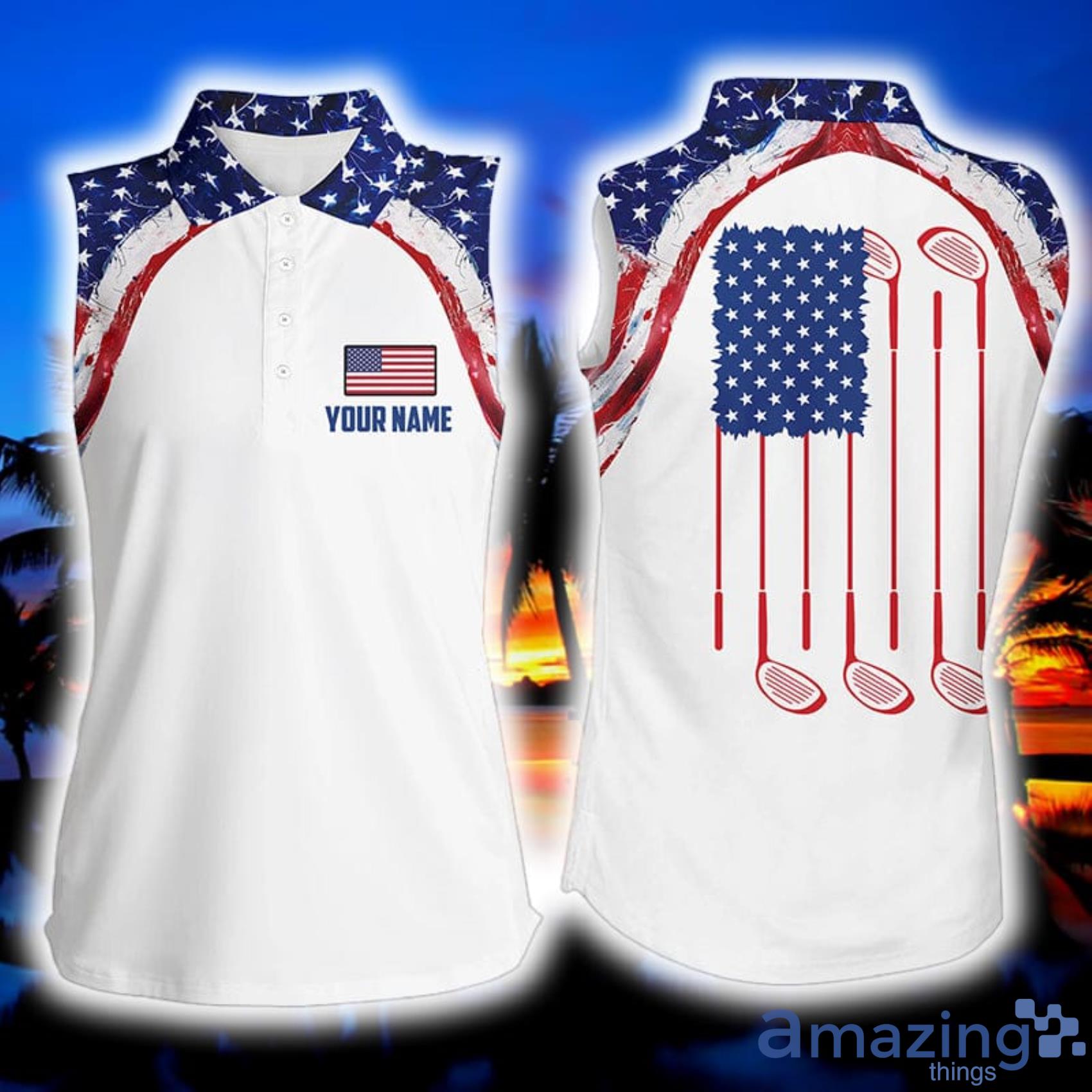 Watercolor American Flag White Custom Name Golf Tops For Ladies Golf Gift Women's Polo Shirt Product Photo 1