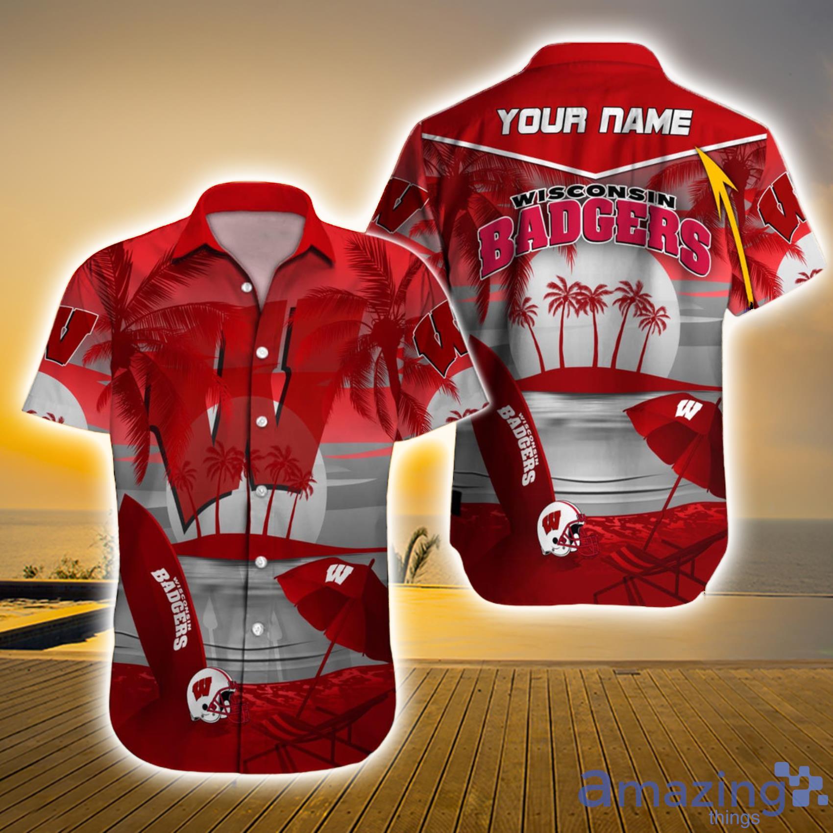 Wisconsin Badgers NCAA Custom Name Aloha Summer Beach Sunset Hawaiian Shirt Gift For Fans Product Photo 1