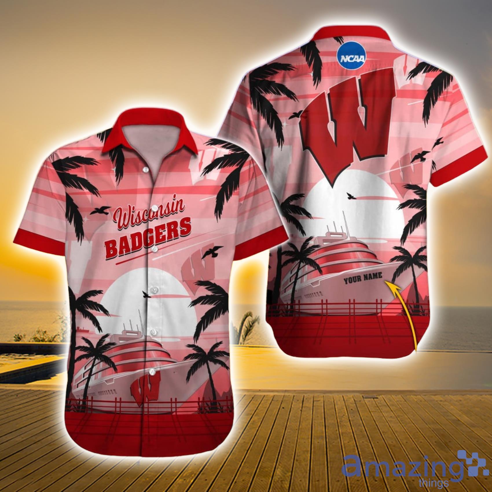 Wisconsin Badgers NCAA Custom Name Big Ship And Ocean Aloha Short Sleeve Hawaiian Shirt Product Photo 1