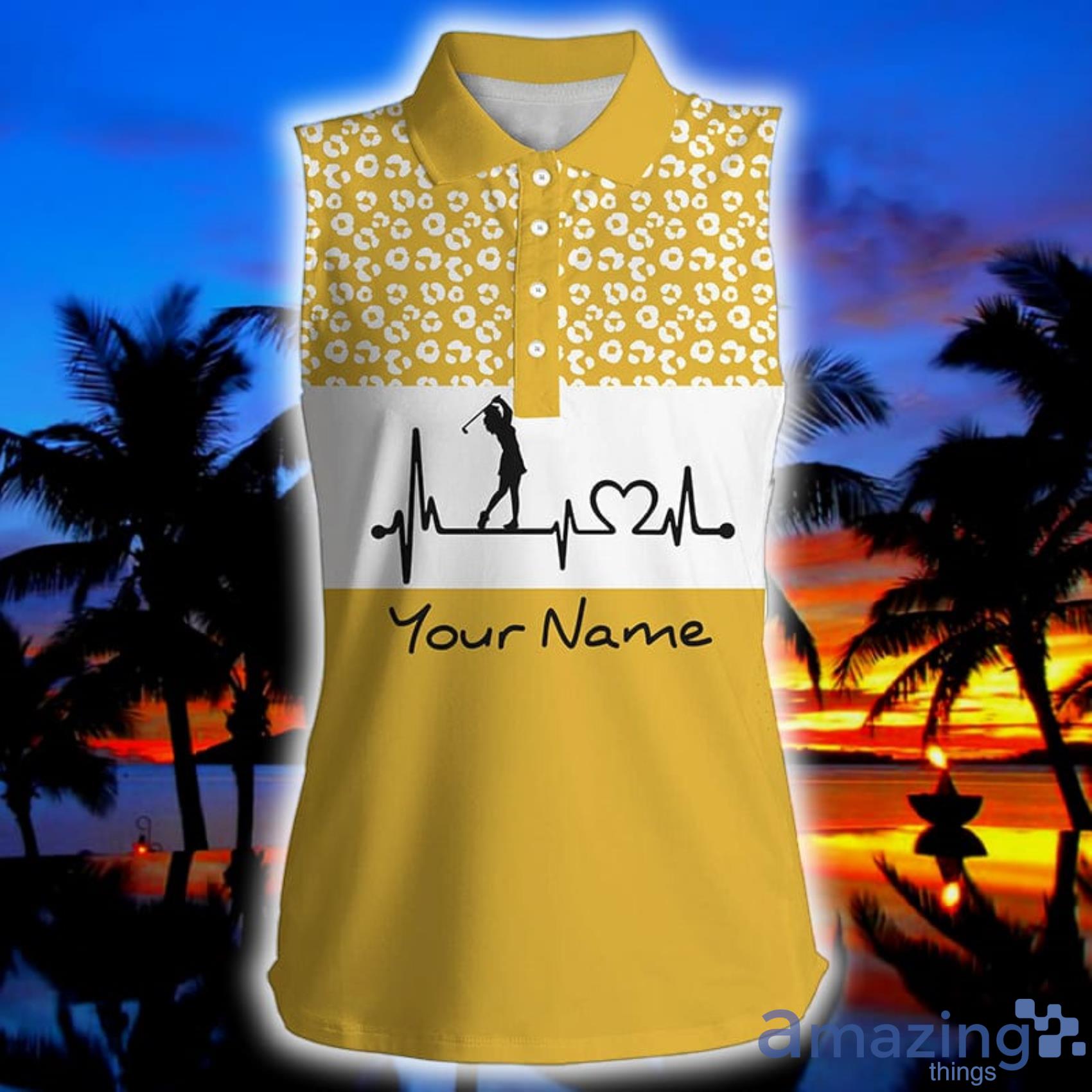 Yellow Golf Heartbeat Custom Name Leopard Pattern Golf Shirt Golf Gifts Womens Sleeveless Polo Shirt Product Photo 1