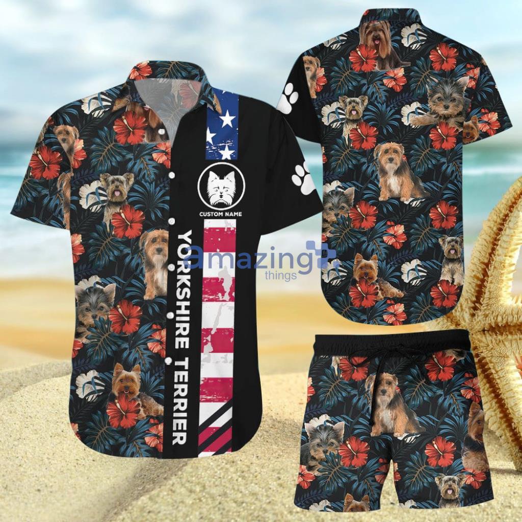 Yorkshire Terrier Tropical Flowers With Dog And Flag Hawaiian Shirt And Short - Yorkshire Terrier Tropical Flowers With Dog And Flag Hawaiian Shirt And Short