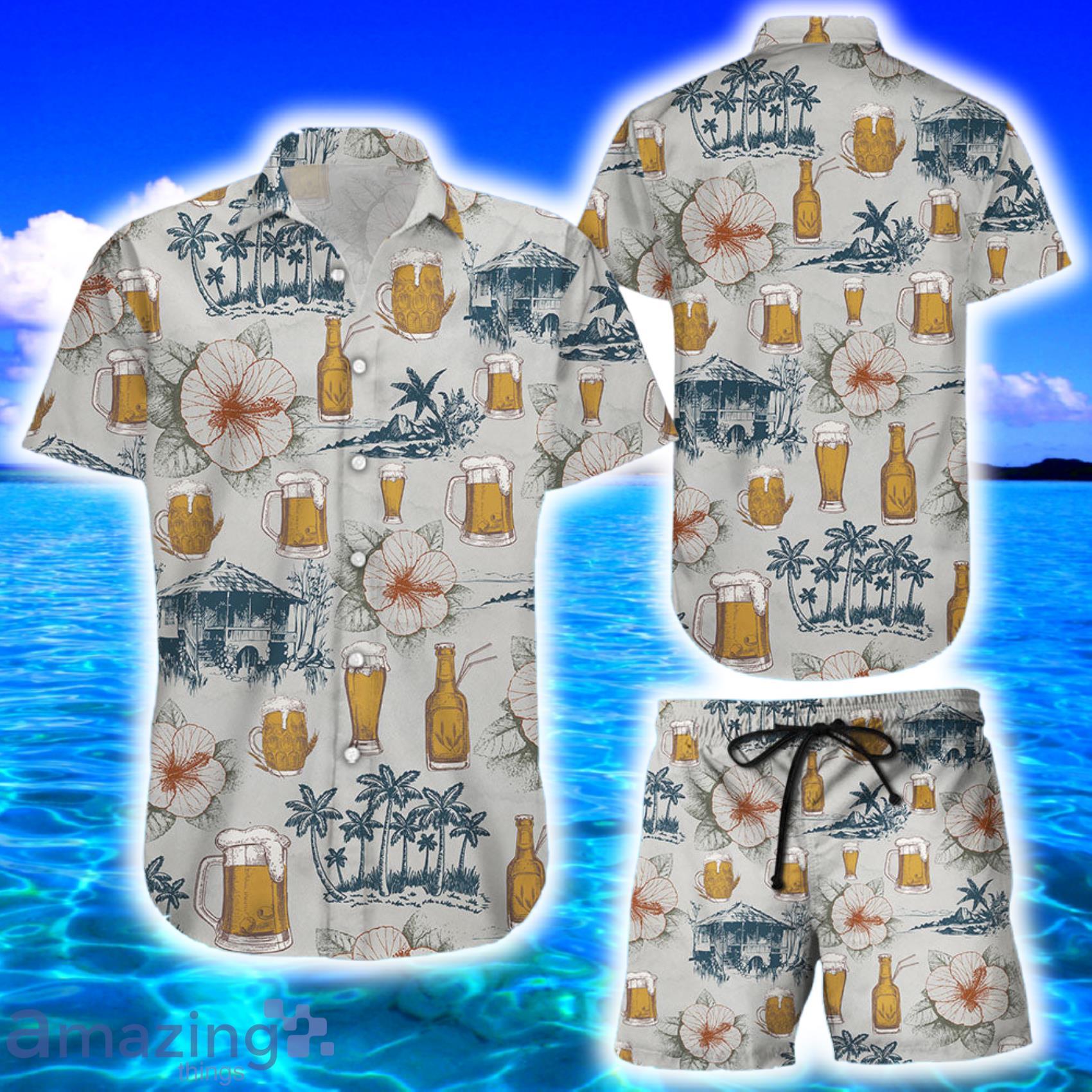 Beer Hawaiian Shirt Coconut Tree With Hibicus Background AOP Hawaiian Shirt And Bech Short Product Photo 1