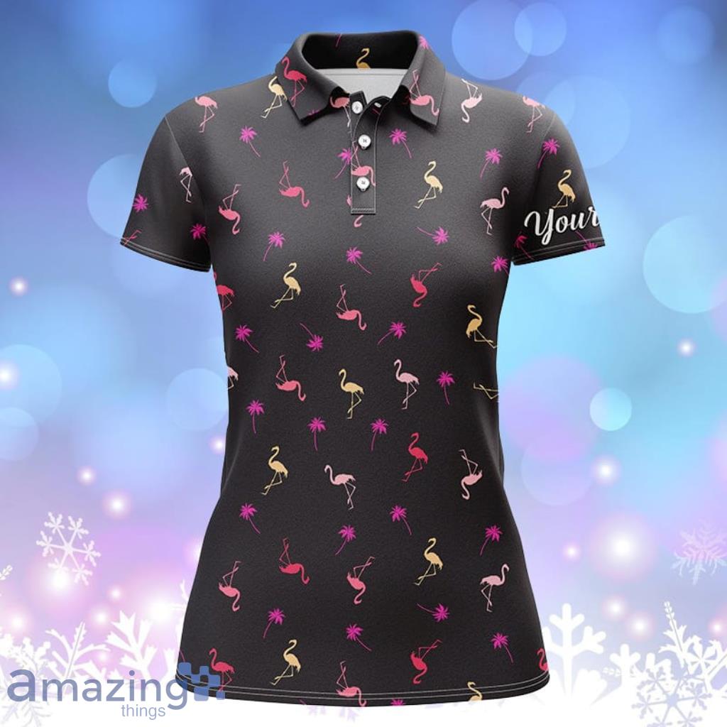 Black Womens Golf Polo Shirteon Pink Flamingos Palm Pattern Custom Name Team Flamingo Golf Polo Shirts Product Photo 1 Black Womens Golf Polo Shirteon Pink Flamingos Palm Pattern Custom Name Team Flamingo Golf Polo Shirts Product Photo 1