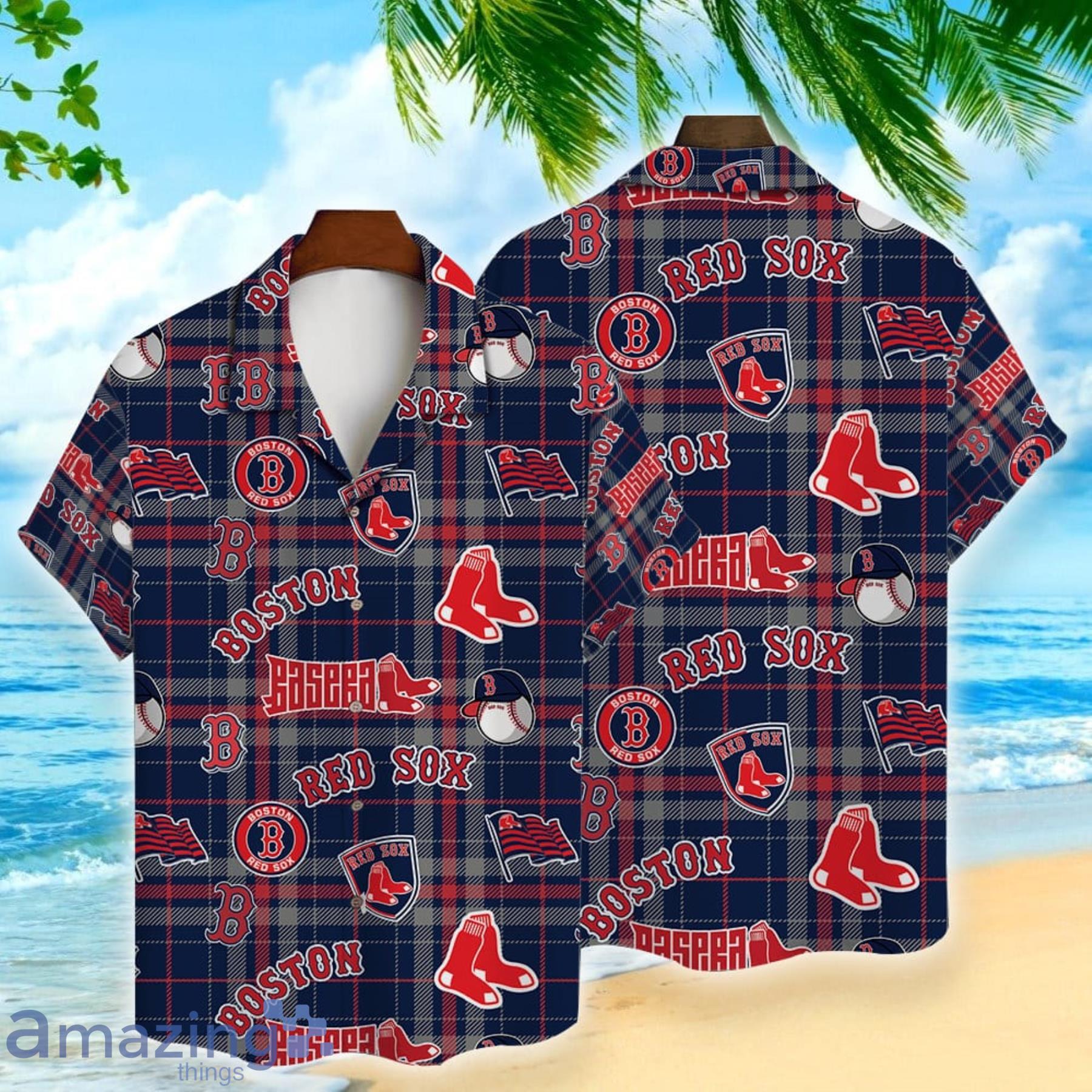 Boston Red Sox Hawaiian Shirt Plaid Baseball Pattern Vintage Print Product Photo 1