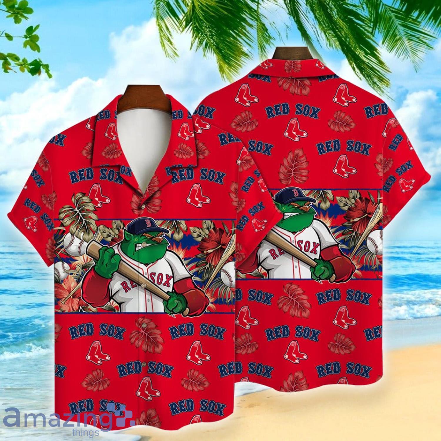 Boston Red Sox Mascot And Leaves Tropical Style Hawaiian Shirt Product Photo 1