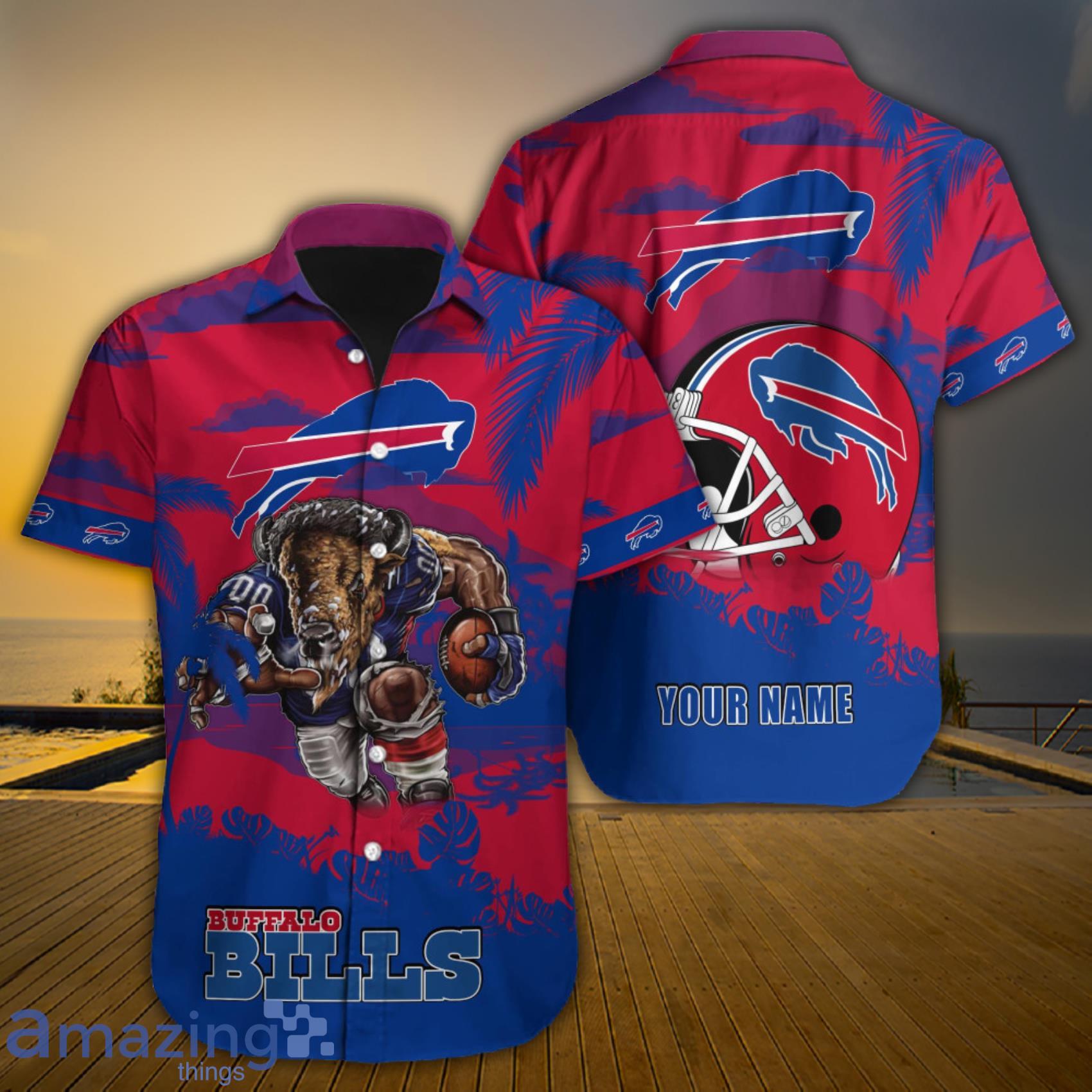 Buffalo Bills NFL Custom Name Mascot Tropical And Mountain Short Sleeve Hawaiian Shirt Product Photo 1