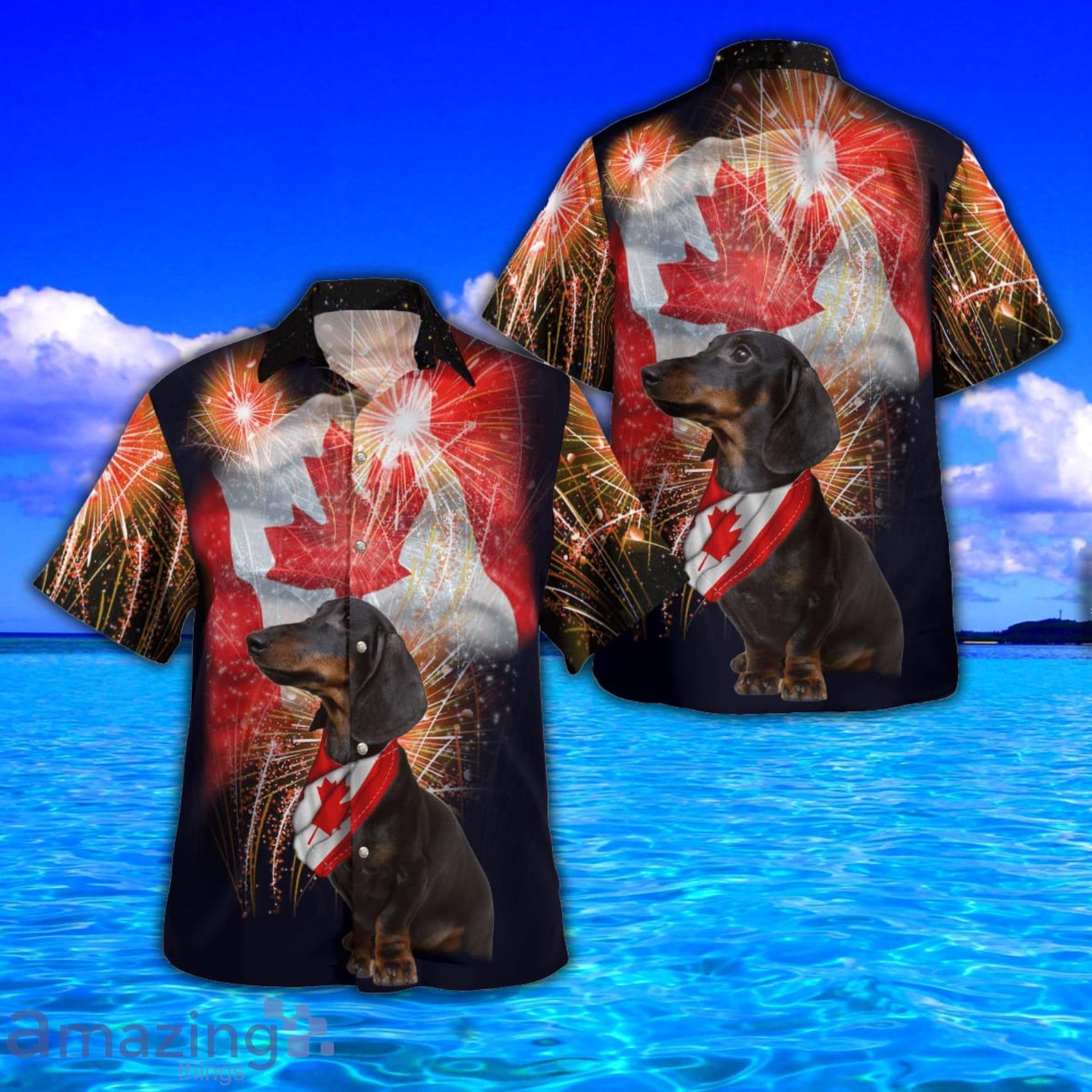 Canada Day, Dachshund Firework Flag AOP Aloha Tropical Style Hawaiian Shirt And Beach Short Product Photo 1