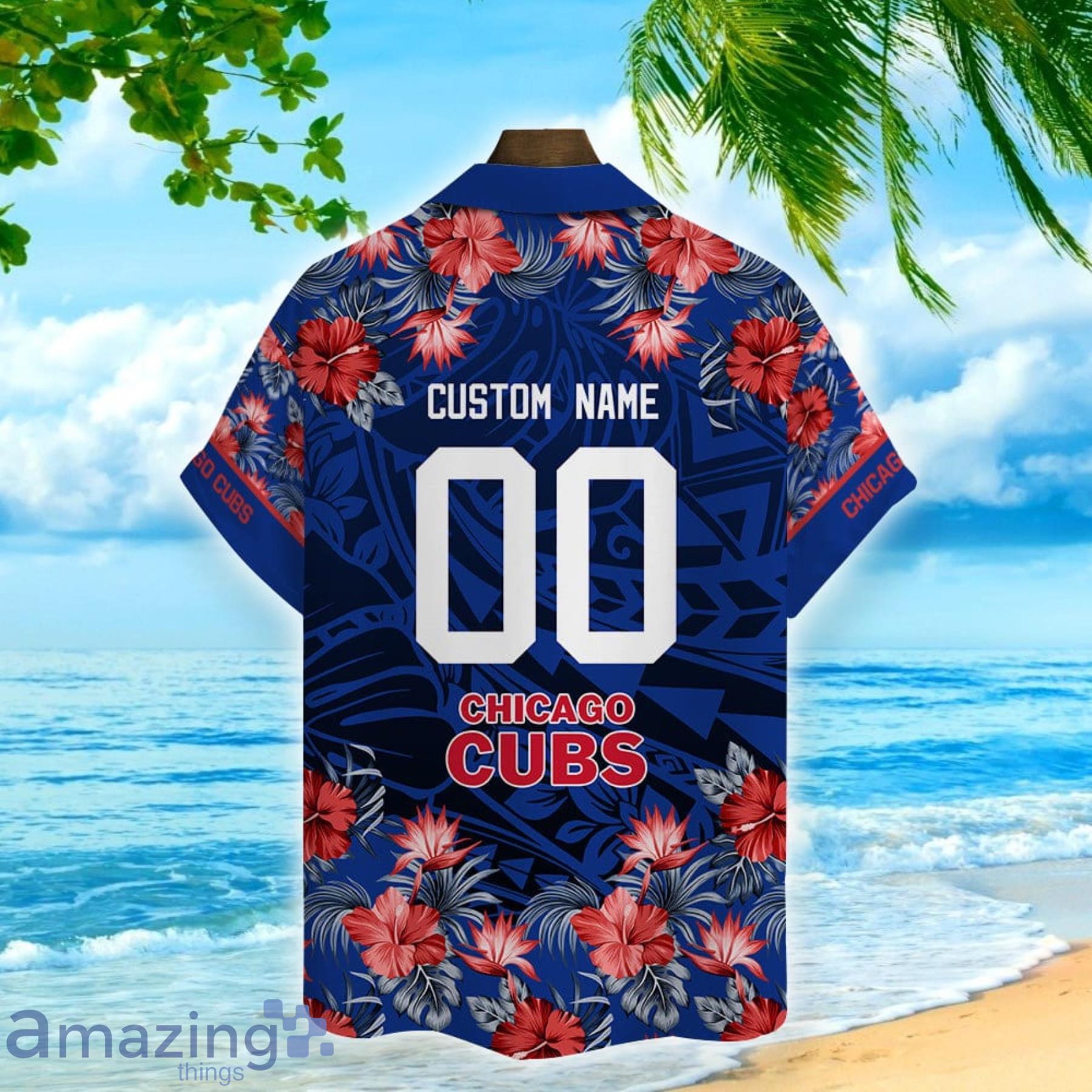Chicago Cubs Polynesian Flower Pattern Hawaiian Shirt Custom Name And Number For Fans image Chicago Cubs Polynesian Flower Pattern Hawaiian Shirt Custom Name And Number For Fans Product Photo 2