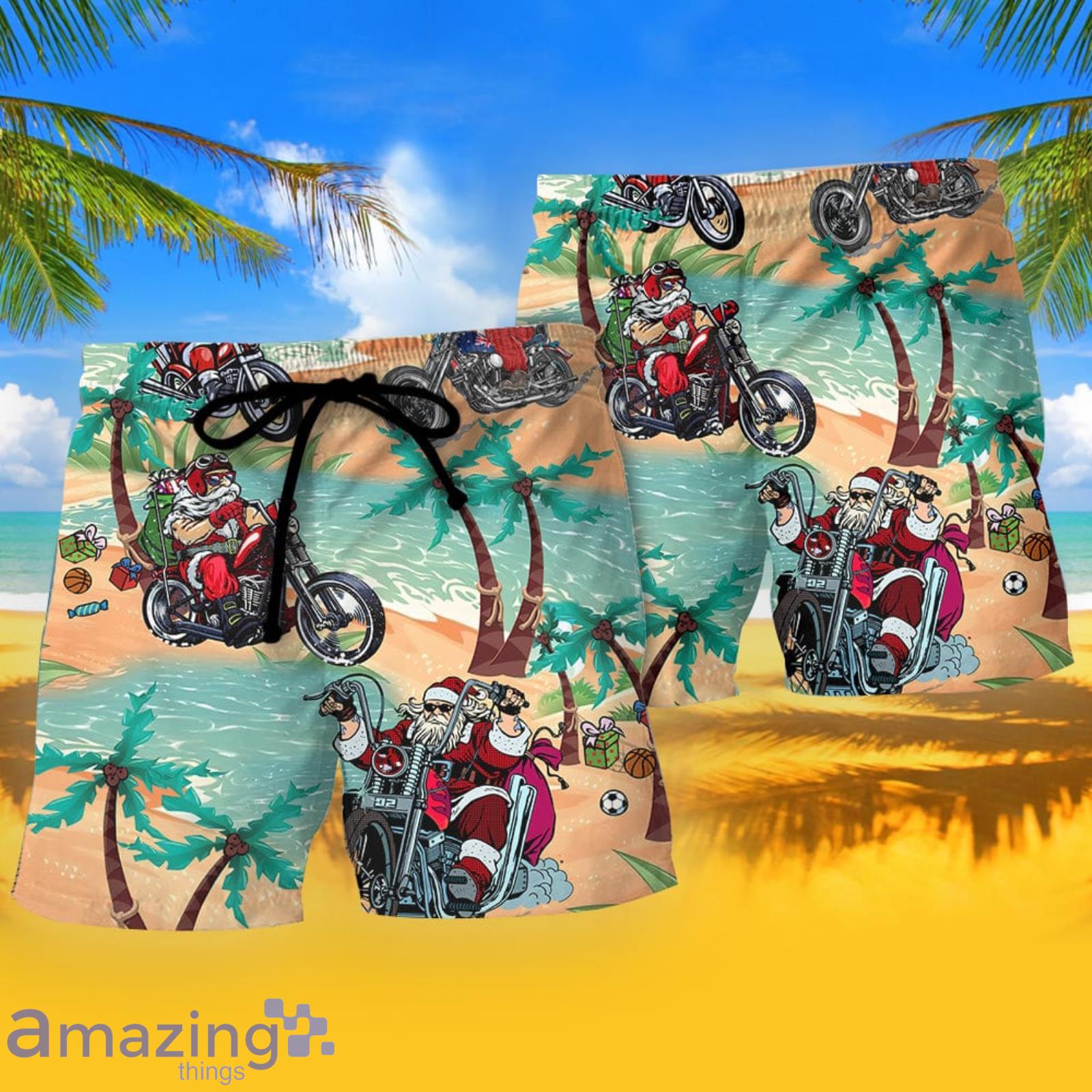 Christmas In July Driving With Santa Claus On Summer Beach Beach Short image Christmas In July Driving With Santa Claus On Summer Beach- Beach Short Product Photo 2