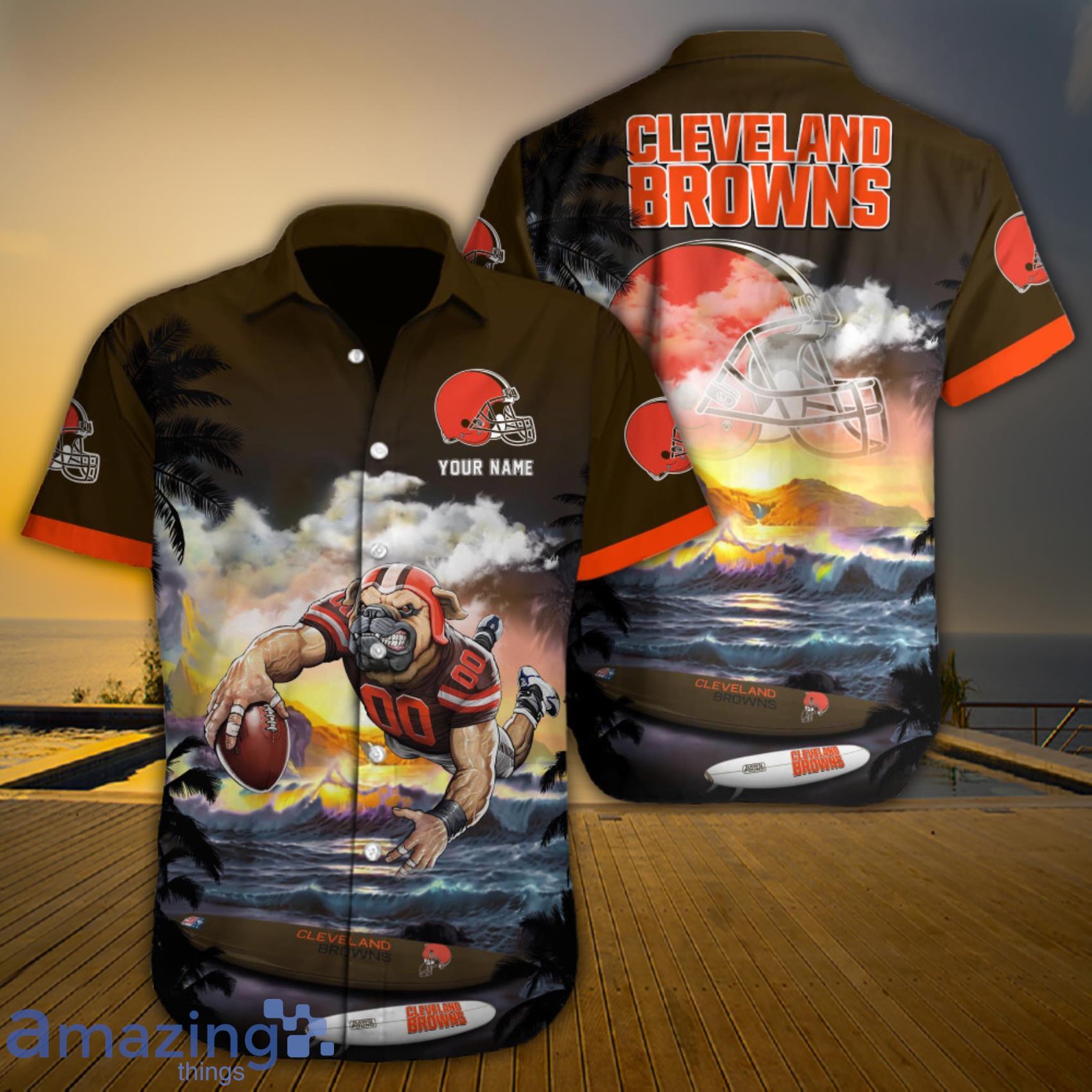 Cleveland Browns NFL Custom Name Mascot And Sunset Beach All Over Print  Hawaiian Shirt