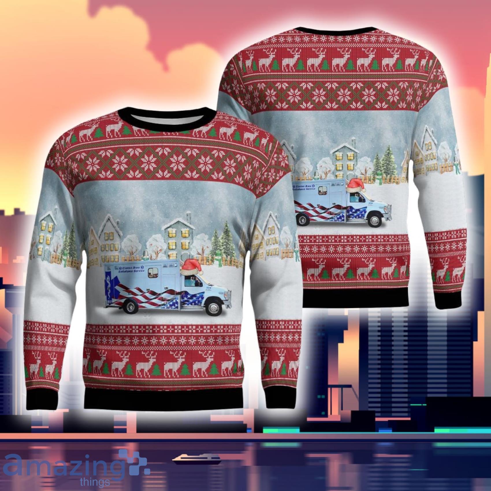 Clinton Area Ambulance Service Authority Saint Johns Michigan Christmas 3D Ugly Sweater Product Photo 1