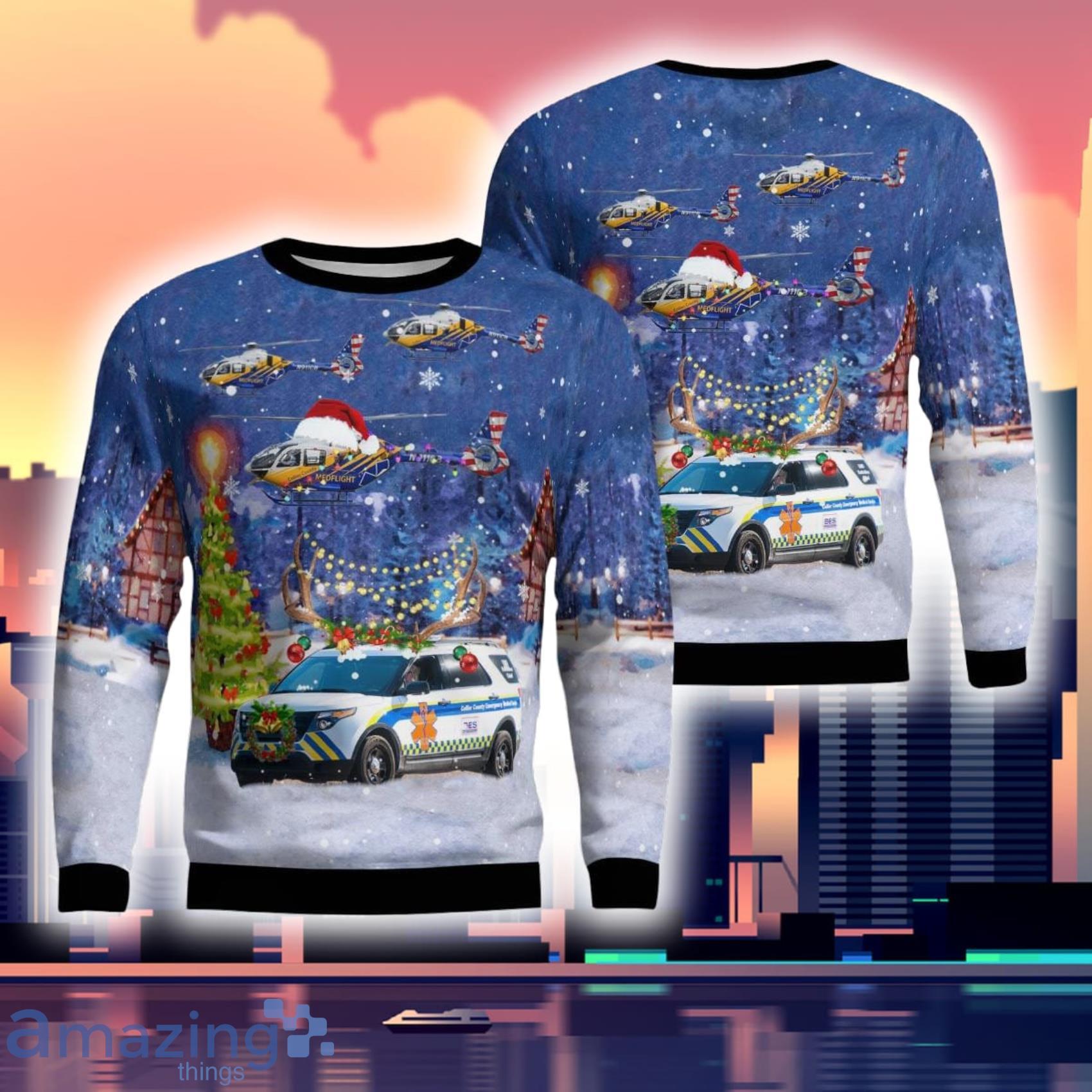 Collier County Ems Ford Explorer & N911cb Airbus Helicopters H135 Ec135t3 Cn 2105 Christmas 3D Ugly Sweater Product Photo 1