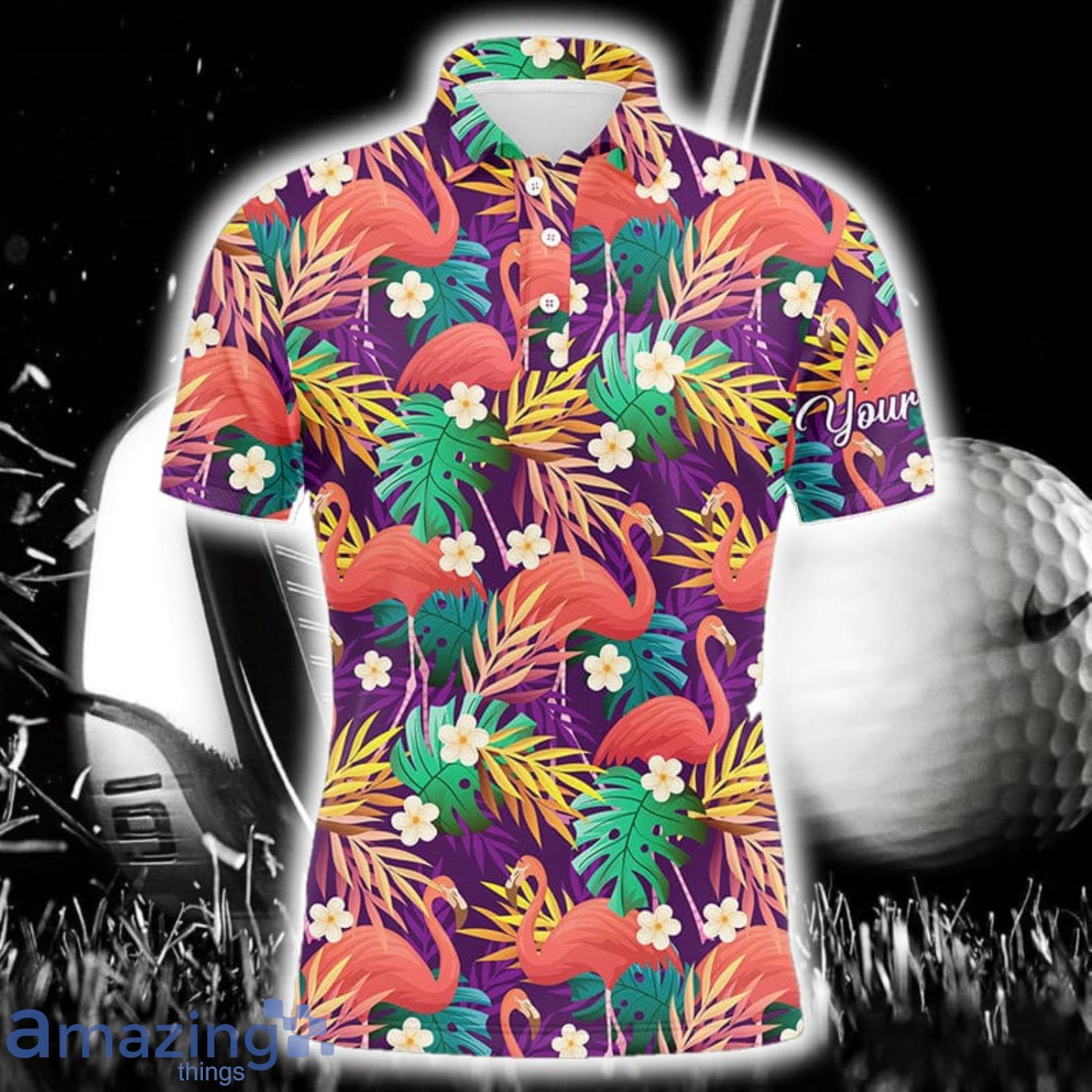 Colorful Flamingo Pattern Tropical Leaves Custom Name Polo Shirt For Men And Women Gift For Golfer Product Photo 1