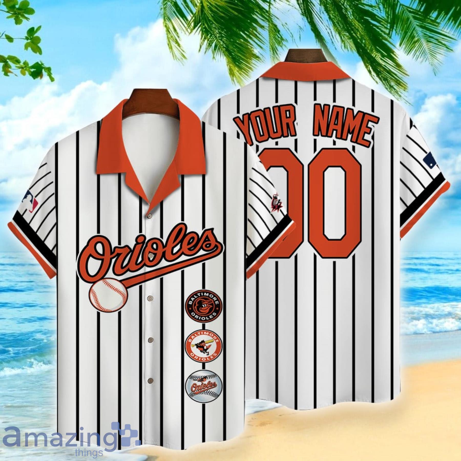 Custom Name And Number Striped Style Baltimore Orioles Baseball Hawaiian Shirt Product Photo 1