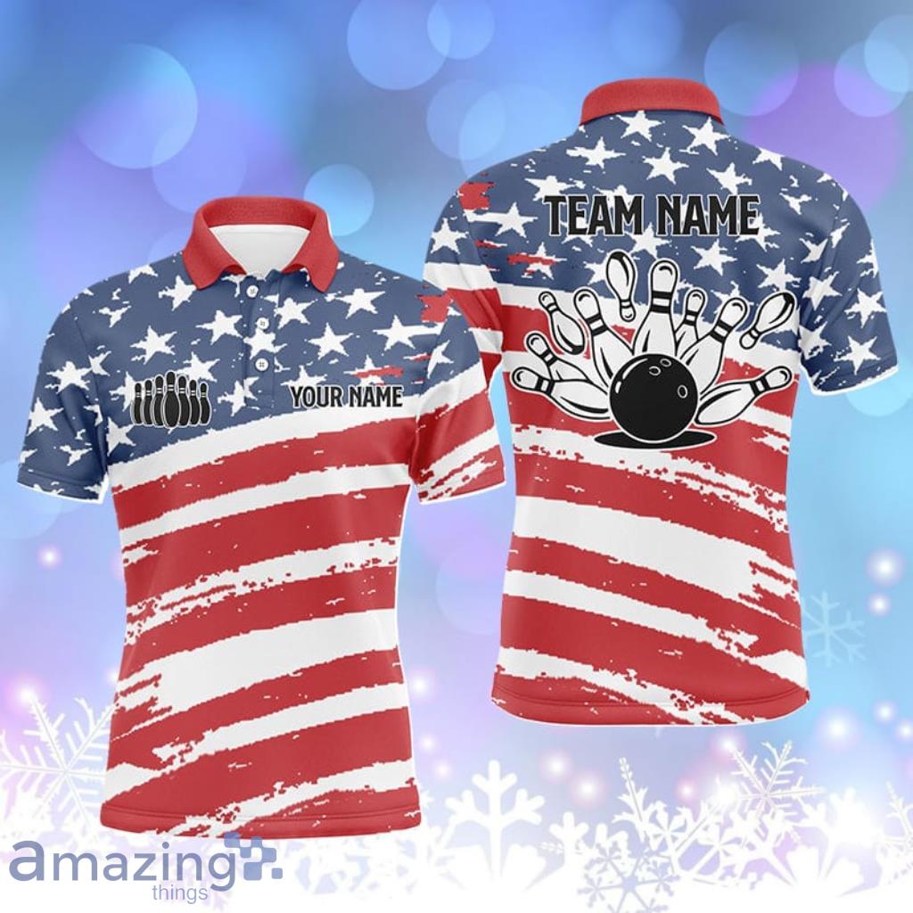 Custom Name Bowling Shirts For Men American Flag Patriotic Personalize Bowling Team Jerseys Men Polo Shirts Product Photo 1