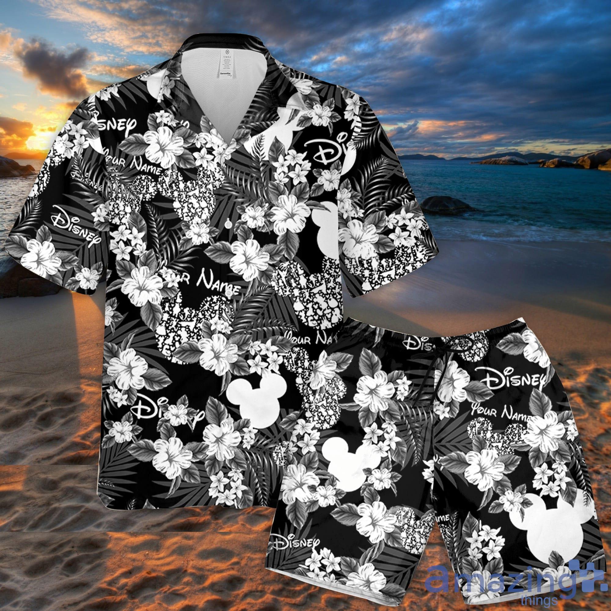 Custom Name Disney Logo Mickey Mouse Black Flowers Pattern 3D All Over Print Combo Hawaiian Shirt And Shorts Disney Cute Gifts For Fans Product Photo 1