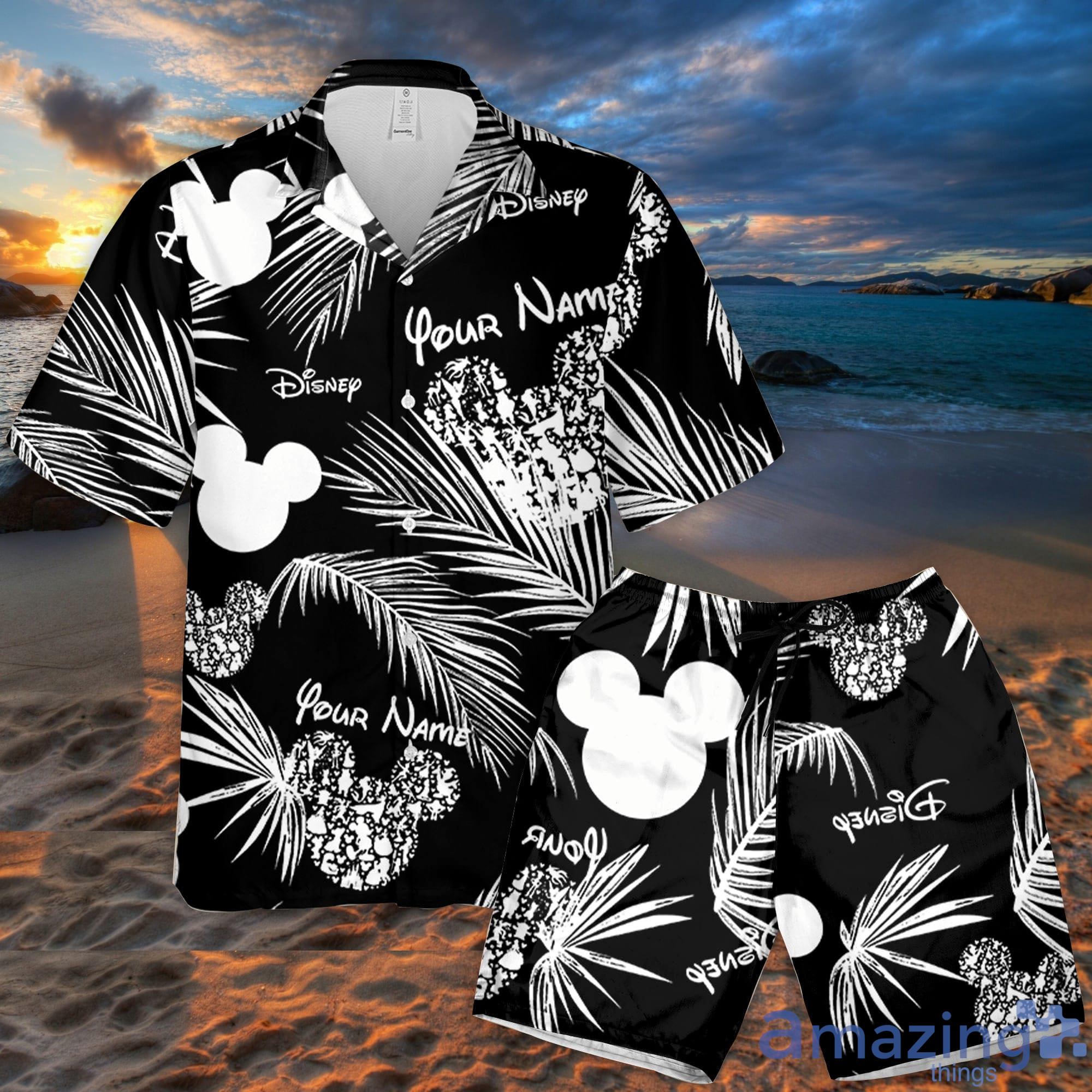 Custom Name Disney Logo Mickey Mouse Black Palm Leaves Pattern 3D All Over Print Combo Hawaiian Shirt And Shorts Cute Gift For Fans Disney Product Photo 1