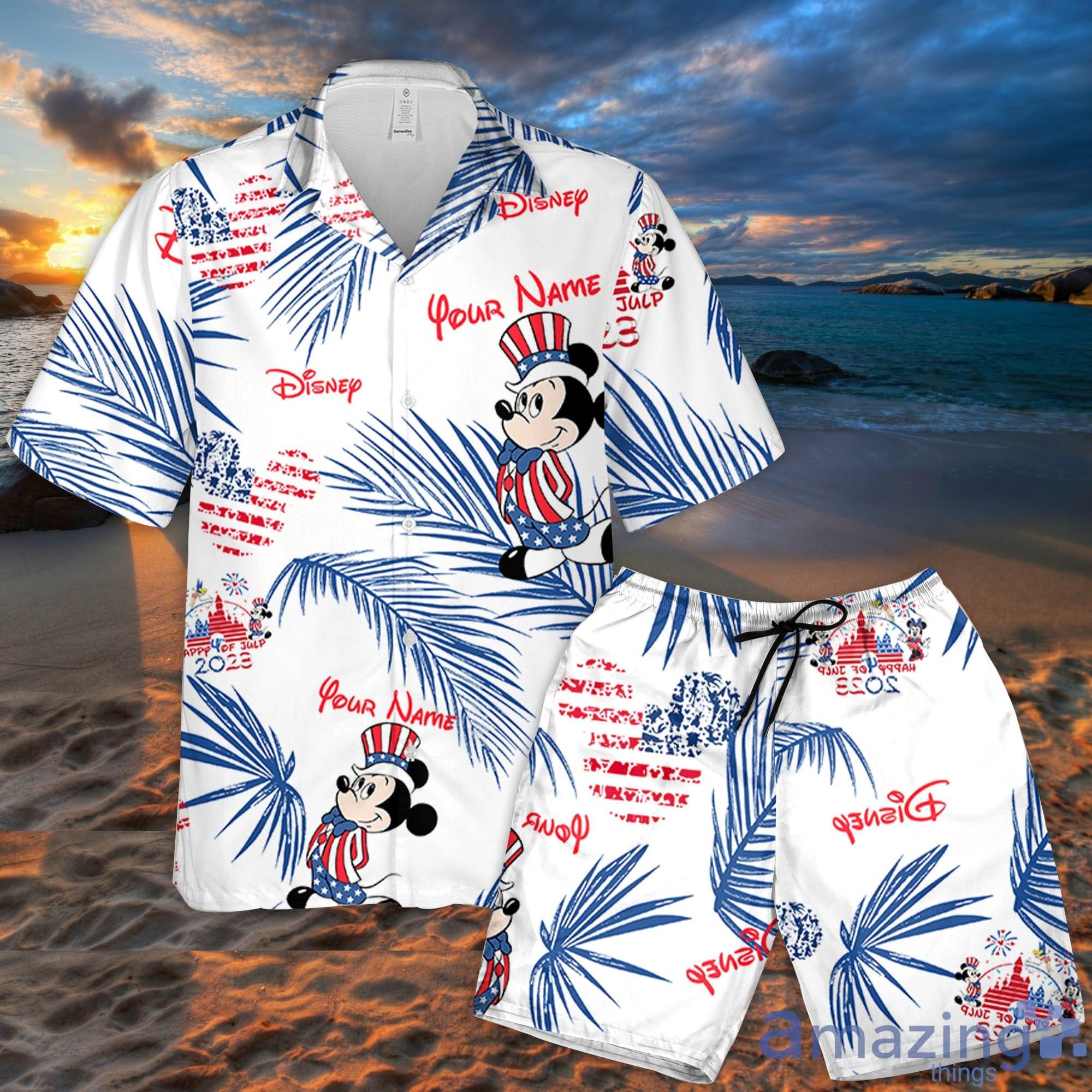 Custom Name Disney Mickey USA Palm Leaves Pattern 3D All Over Print Combo Hawaiian Shirt And Shorts Disneyland Beach Cute Gifts For Fans Product Photo 1